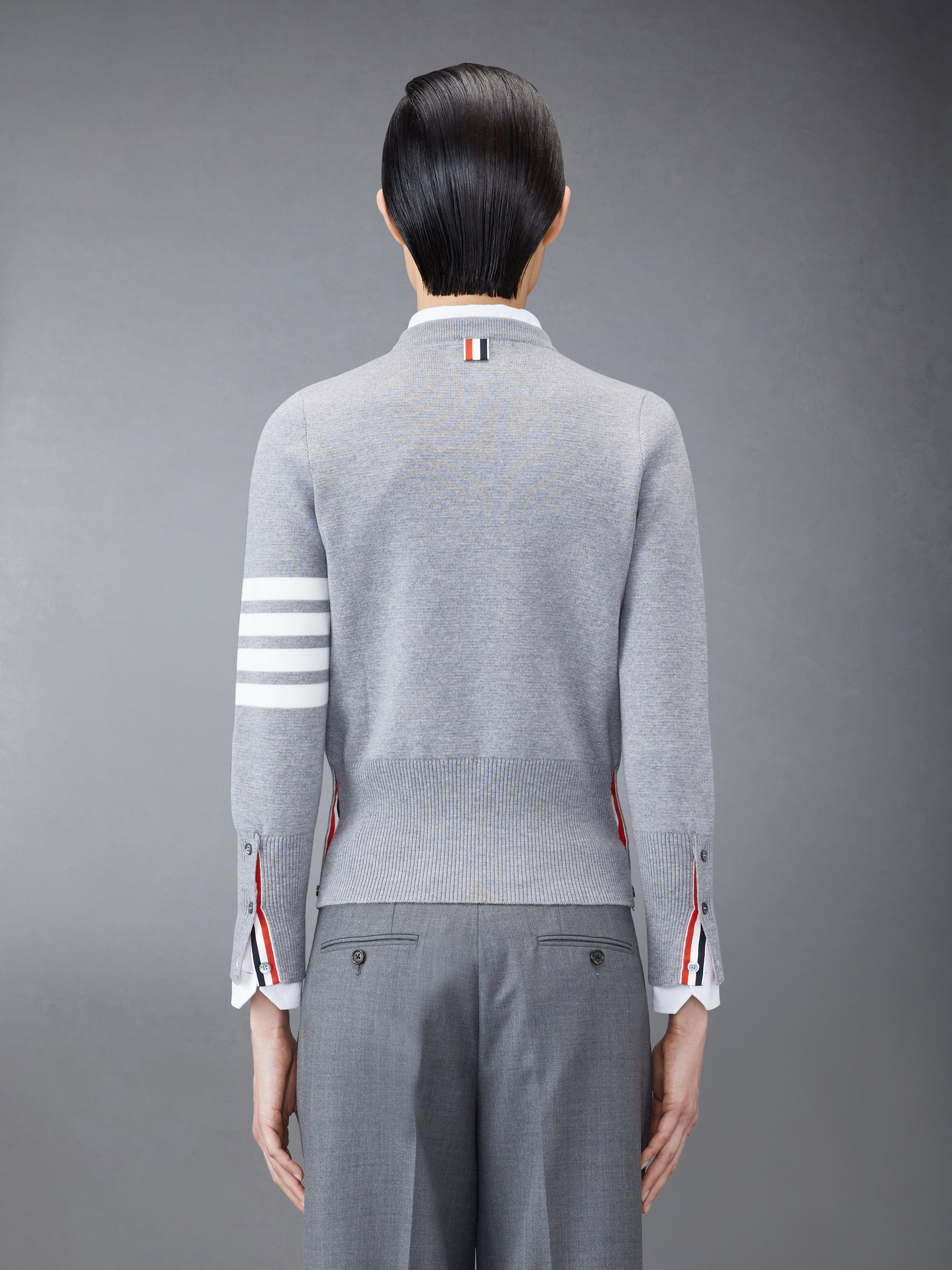 Dark Grey Fine Milano Stitch Merino Wool 4-bar Crew Neck Cardigan - 2
