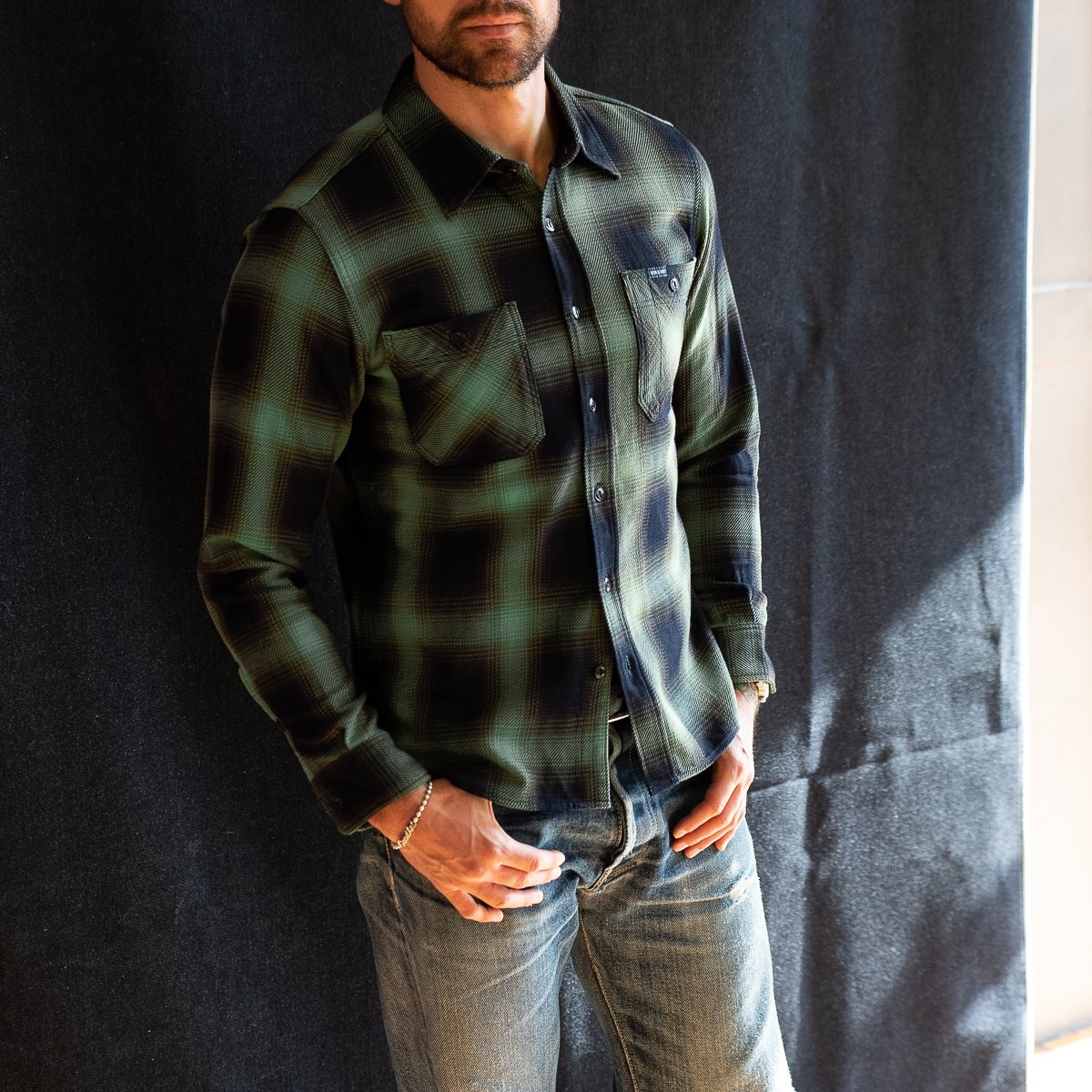 IHSH-349-GRN 9oz Selvedge Ombré Check Work Shirt - Green - 4