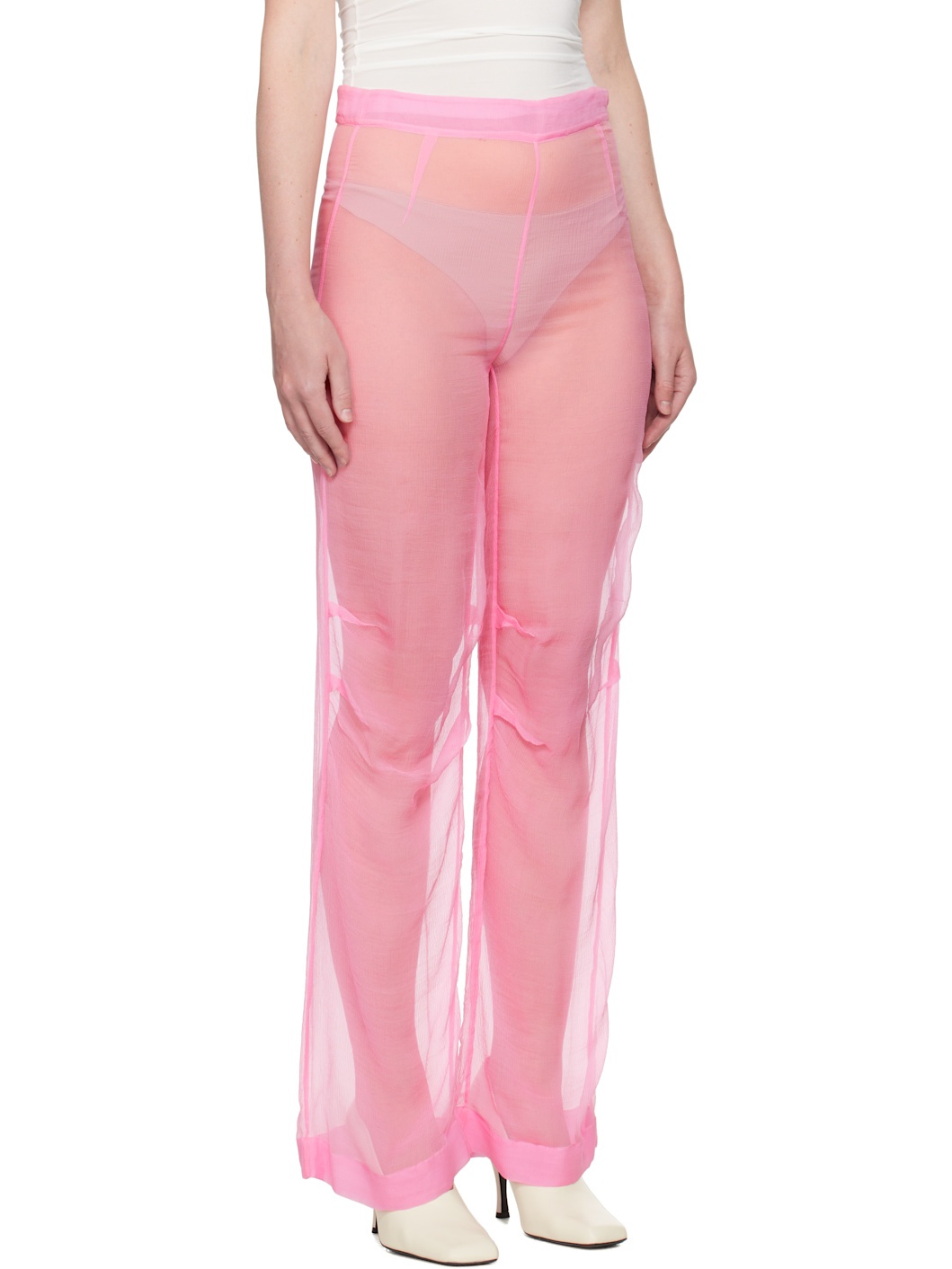 Pink Mousseline Silk Chiffon Knee Trousers - 2