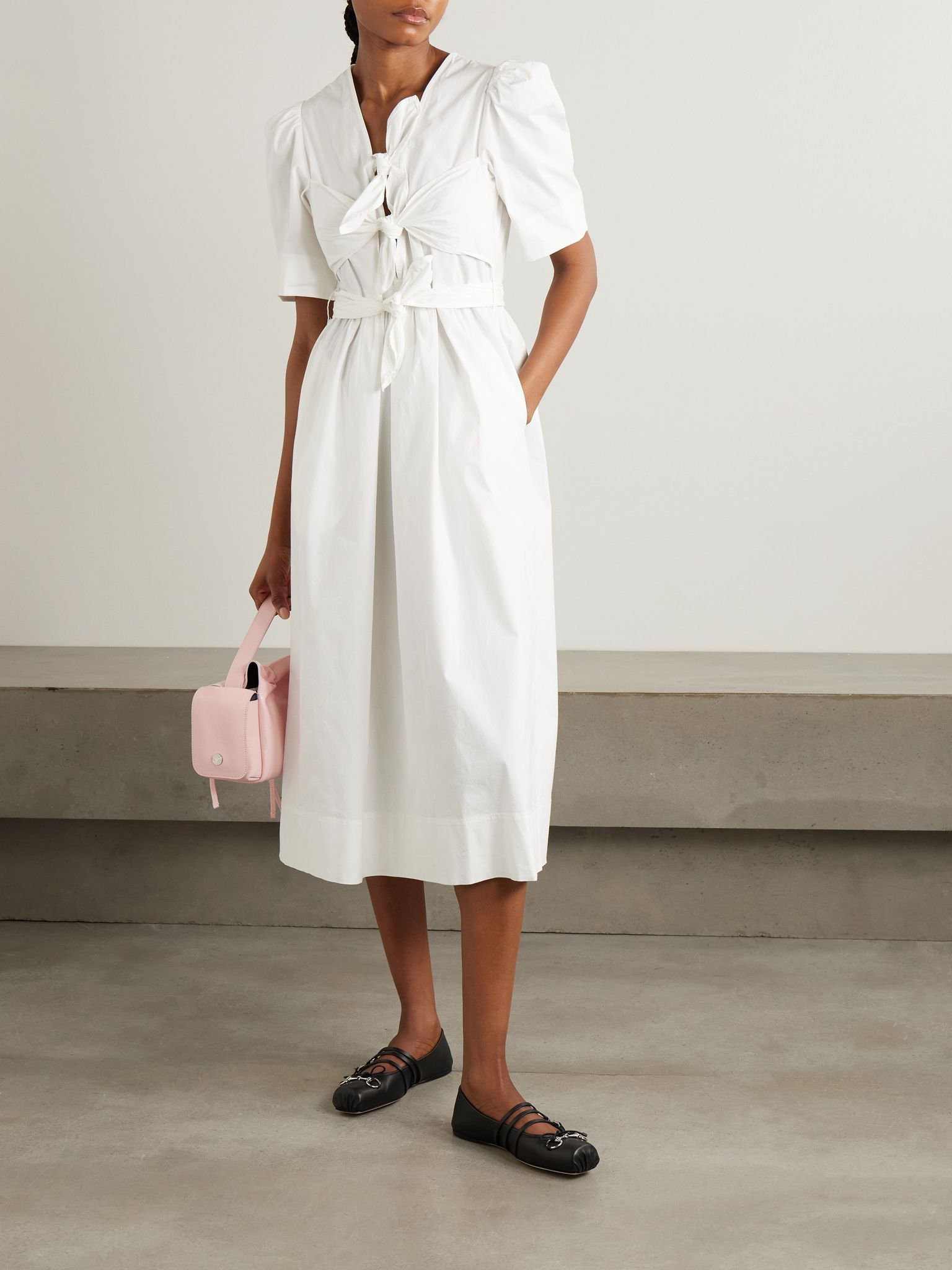 Belted tie-detailed gathered cotton-blend poplin midi dress White - 2