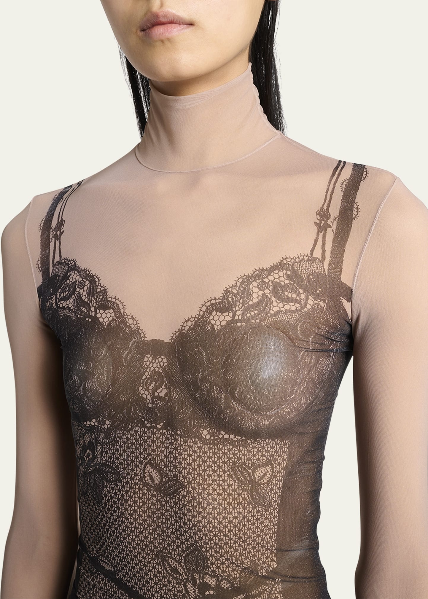 Lingerie Trompe L'oeil Mesh Turtleneck Top - 5
