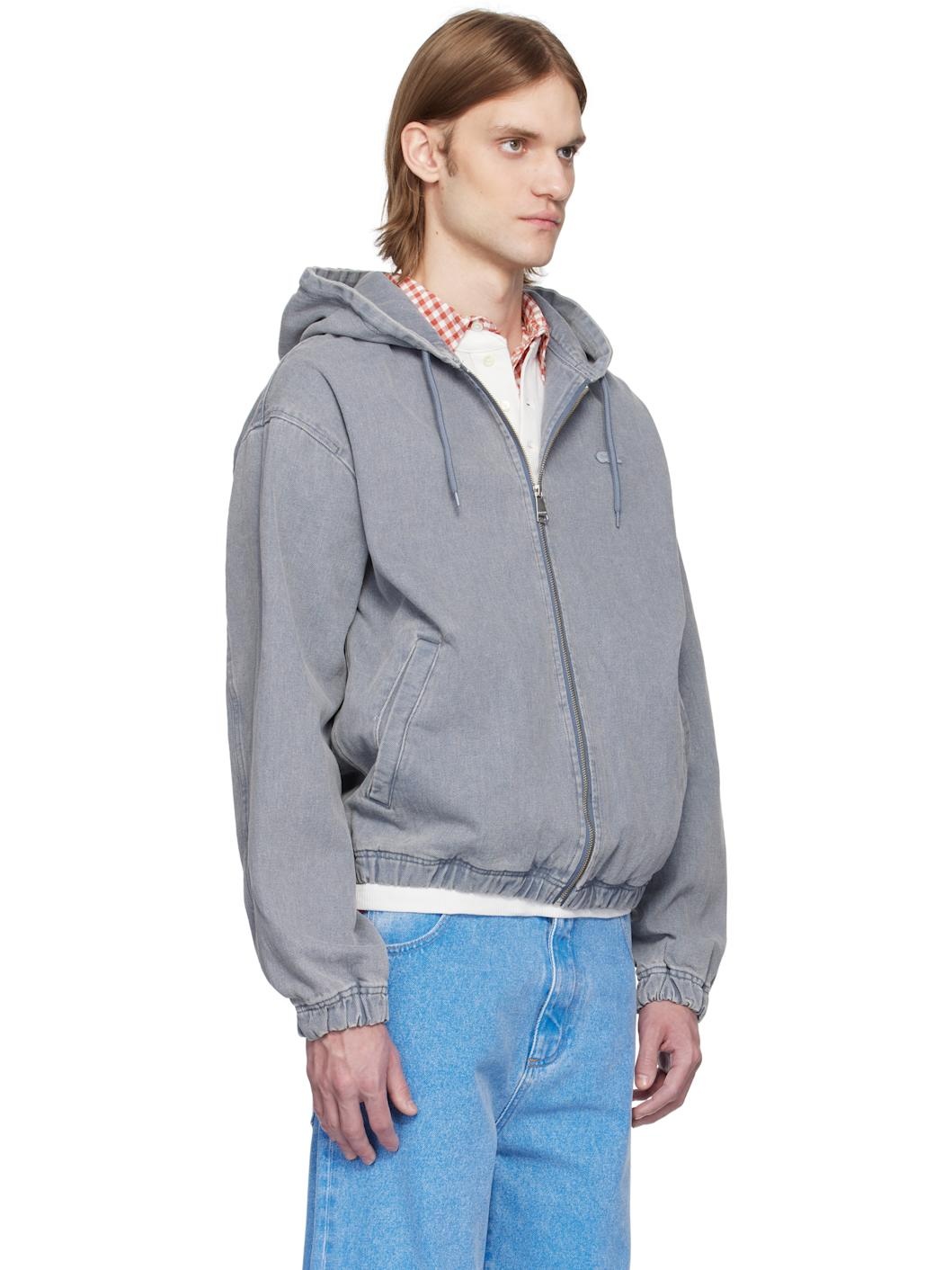 Gray Washed Effect Hooded Denim Jacket - 2