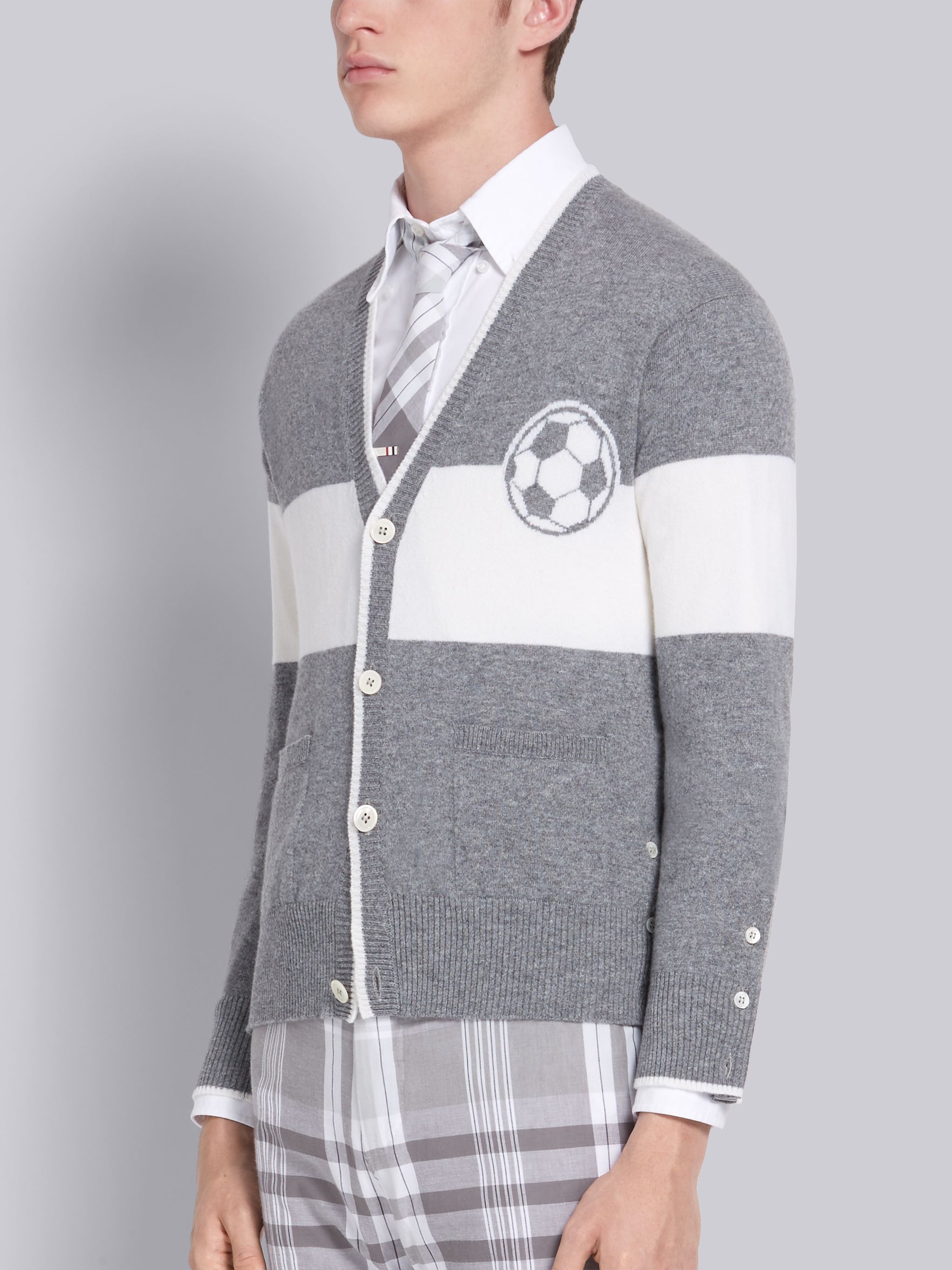 Light Grey Cashmere Striped Soccer Ball Icon V-Neck Cardigan - 2