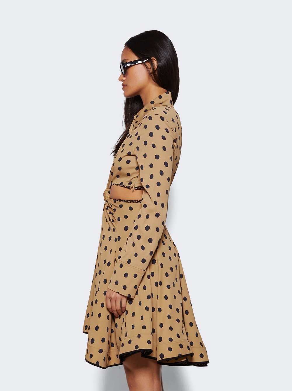 Printed Dot Cut-Out Shirt Dress Khaki - 4