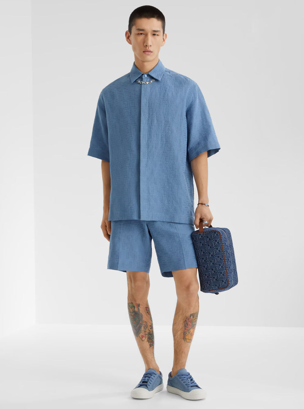 Fendi Men Blue Shirt With Pointed Collar And All-Over Ff Motif In Linen Blend Man - 4
