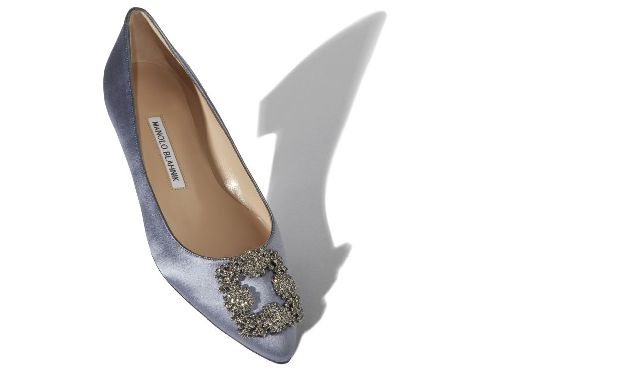 Grey Satin Jewel Buckle Flat Shoes - 2