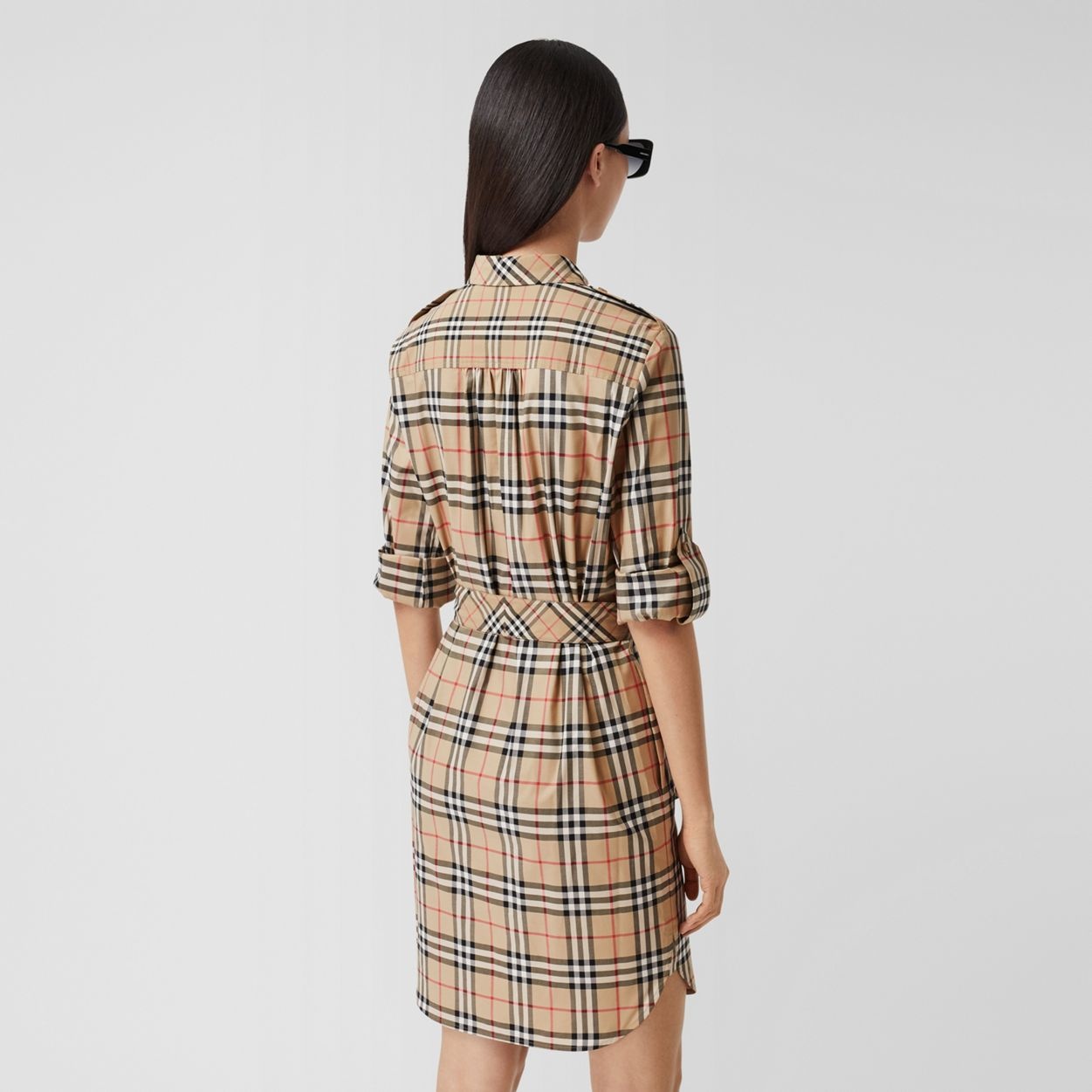 Contrast Check Stretch Cotton Tie-waist Shirt Dress - 4