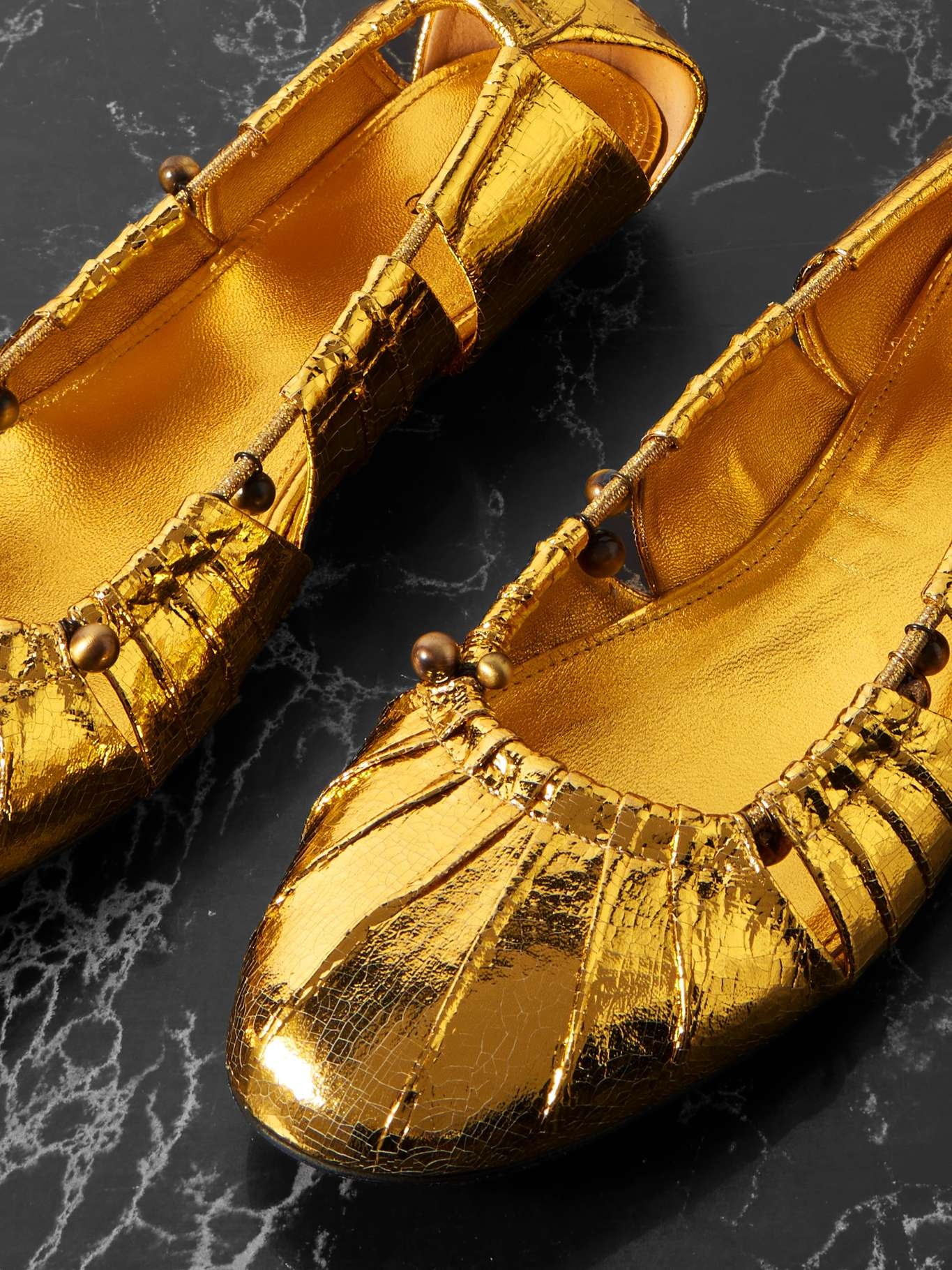 Luna cutout embellished gathered metallic leather ballet flats Gold - 4