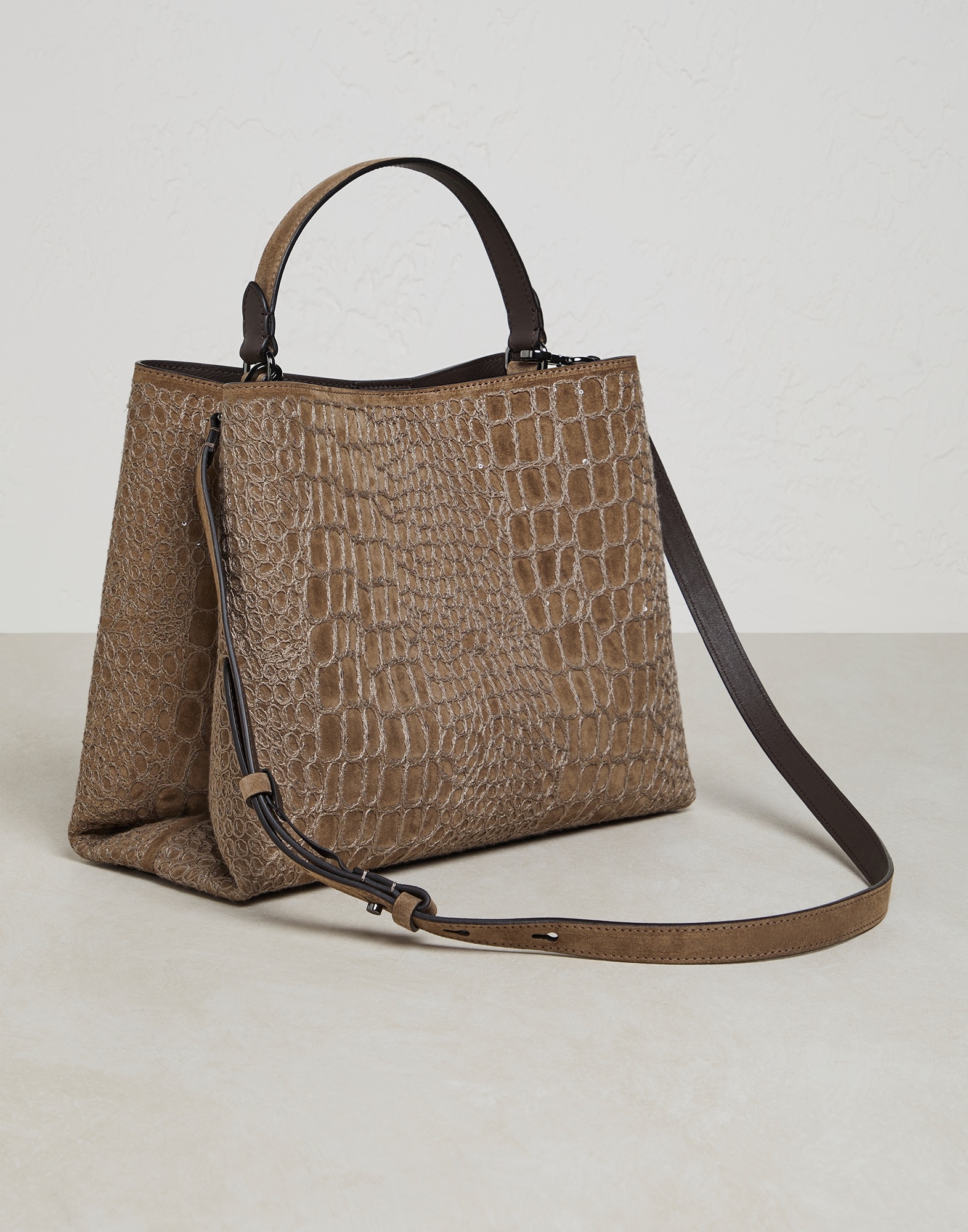Crocodile embroidery shopper bag in suede with shiny handles - 2