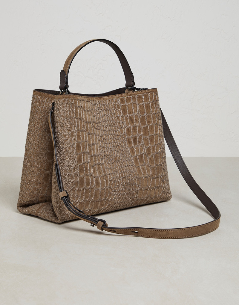 Crocodile embroidery shopper bag in suede with shiny handles 2