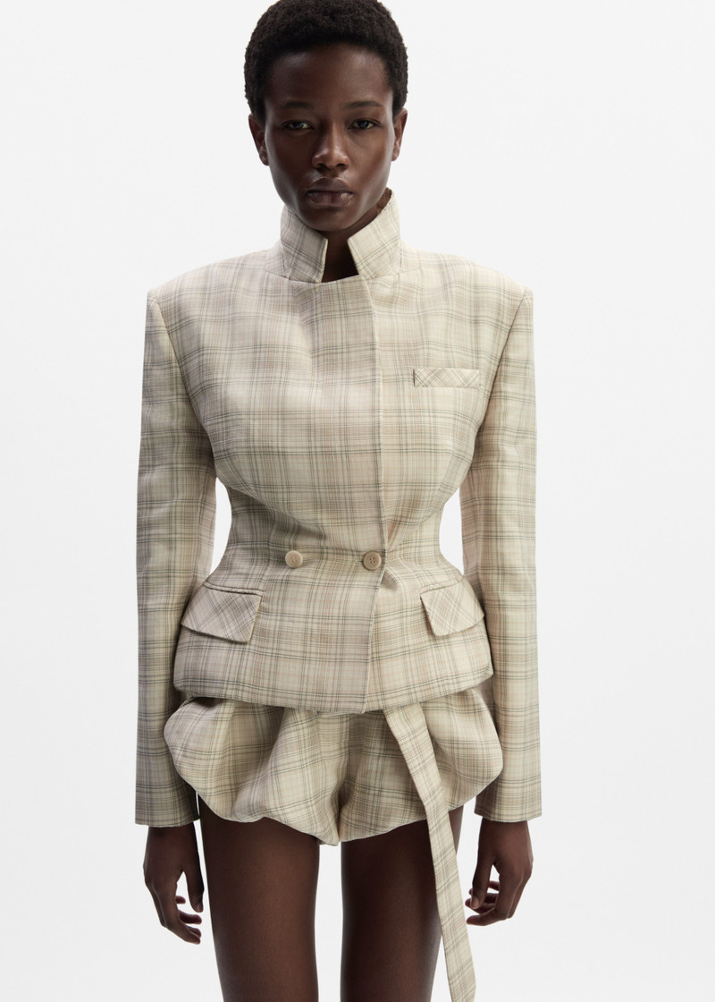 Tailored cotton peplum blazer in cream check 4