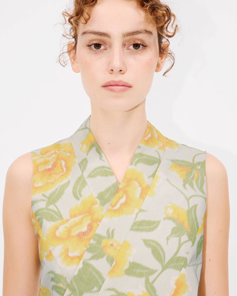 'KENZO Peonies' kimono waistcoat in cotton linen and satin solid 6