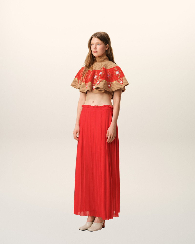 RED SILK LONG PLEATED SKIRT 6