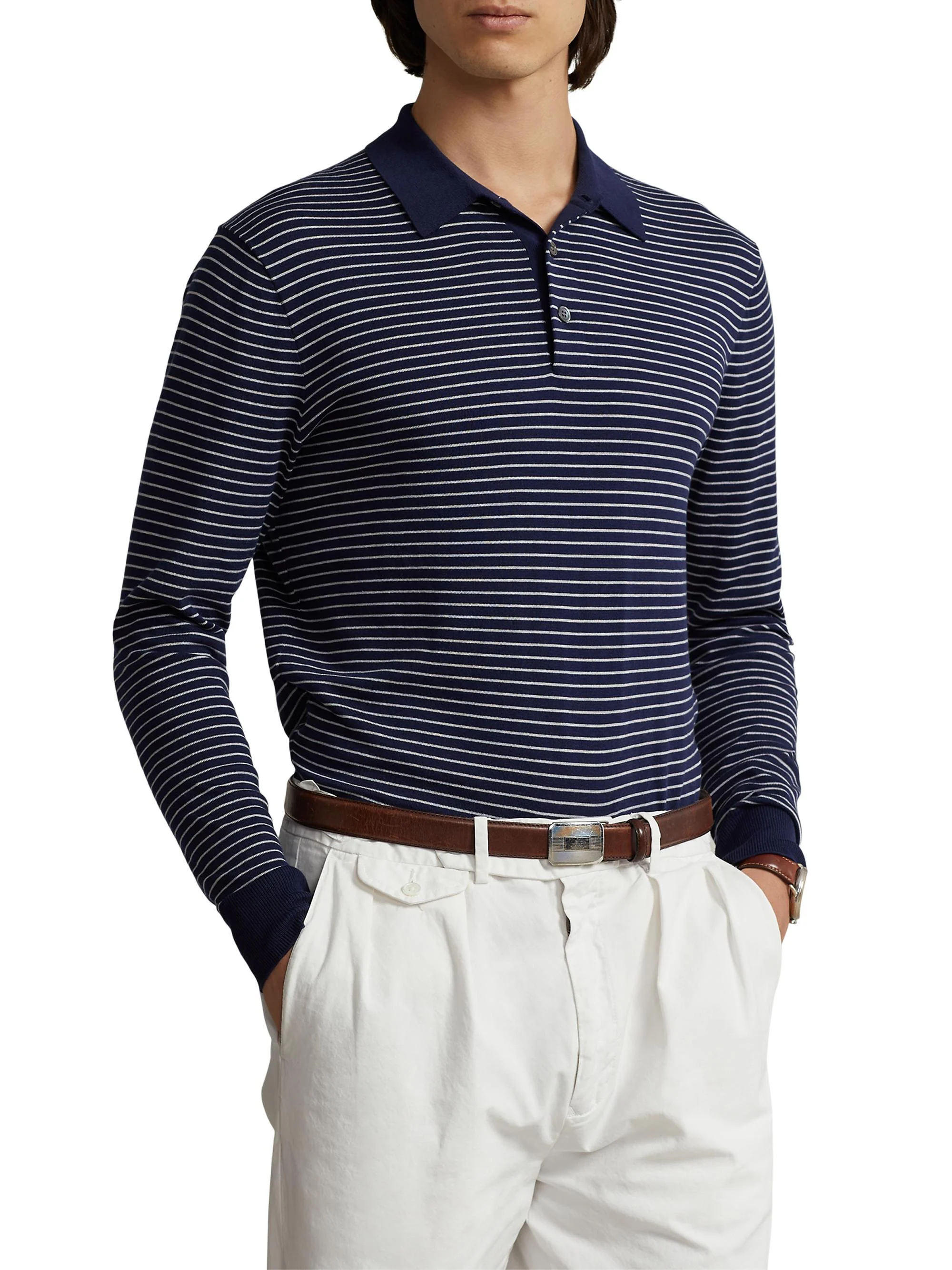 Men's Stripe Knit Long-Sleeve Polo Shirt - Navy - 1