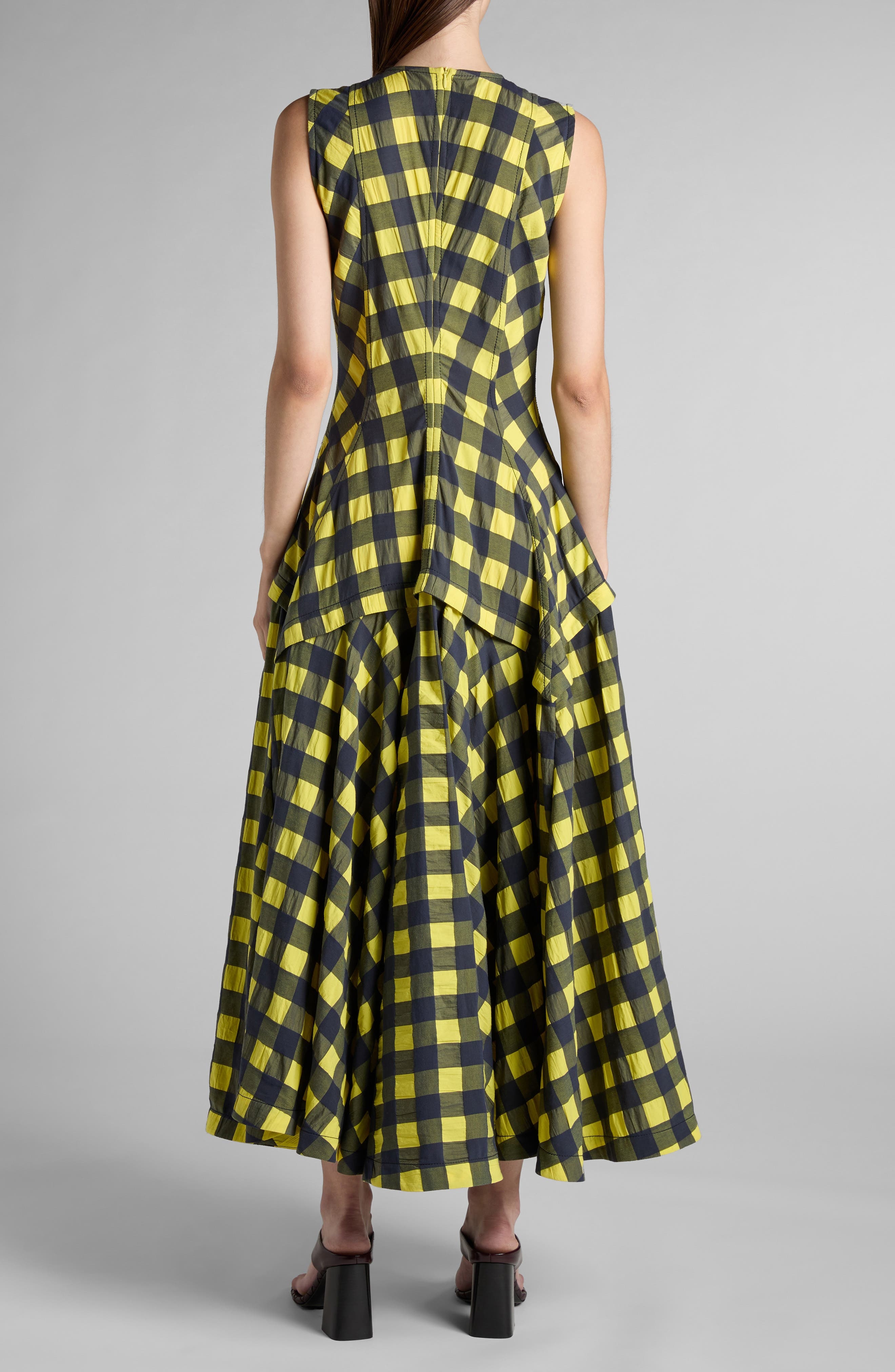 Bottega Veneta Macro Gingham Fit + Flare Dress in 7315 Yellow/Shrub/Wave at Nordstrom - 2