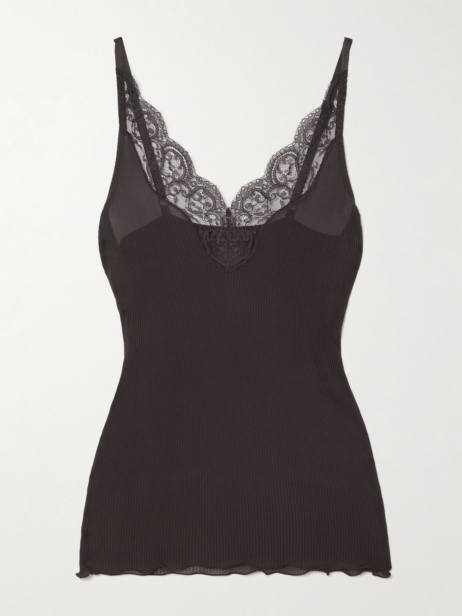Lace-trimmed ribbed silk-jersey camisole Black - 1