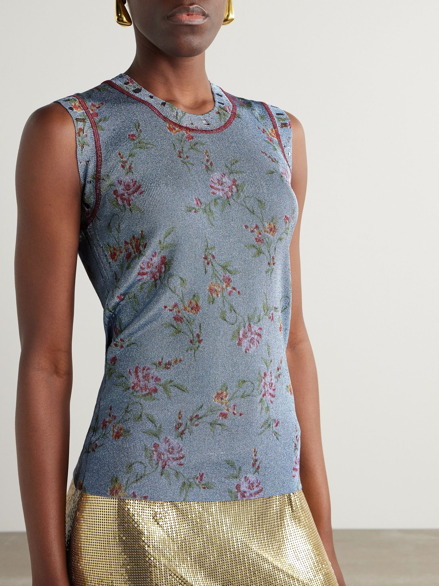 Floral-print metallic knitted tank Blue - 3