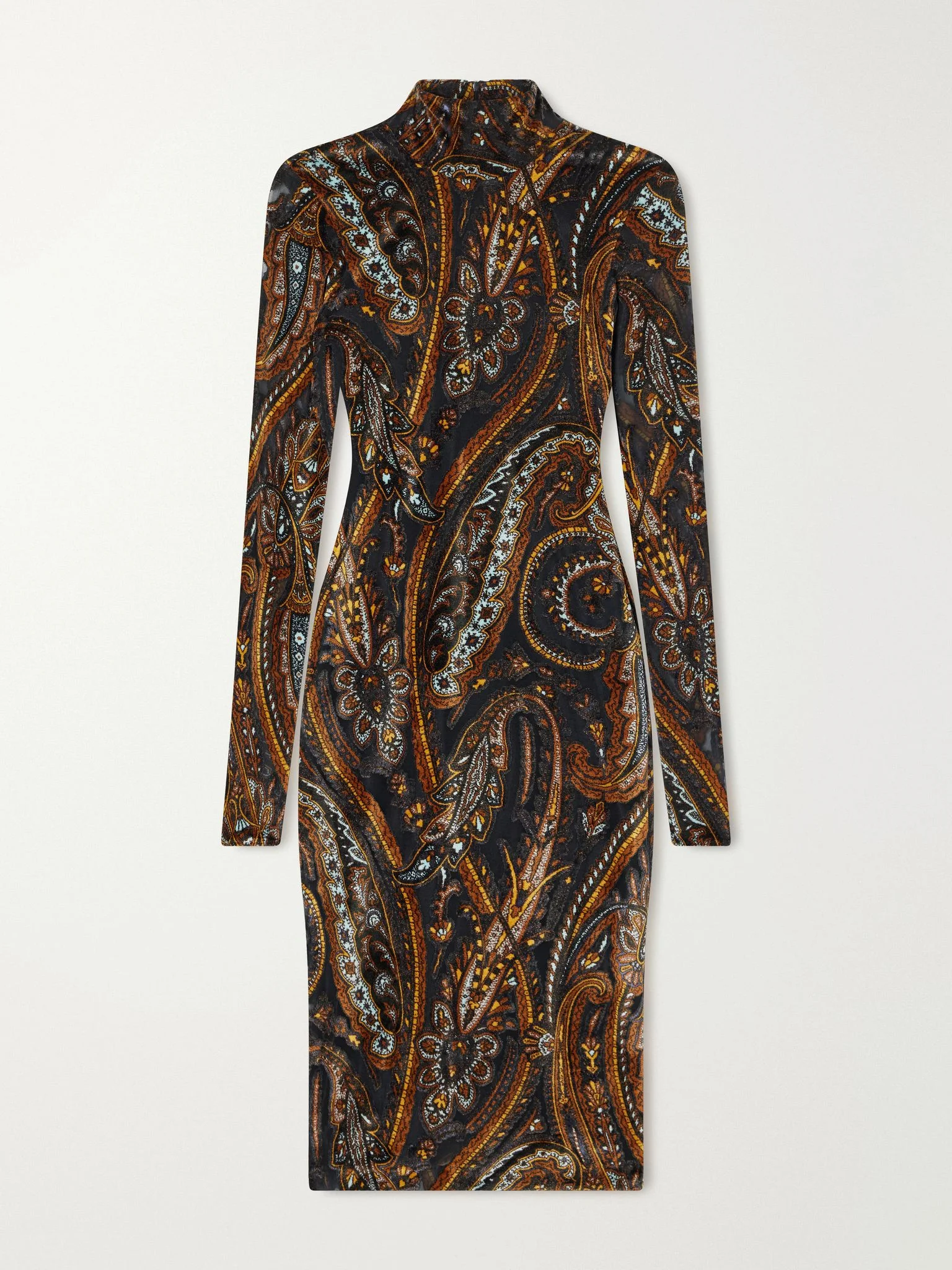 Printed stretch-velvet knee-length dress Brown - 1