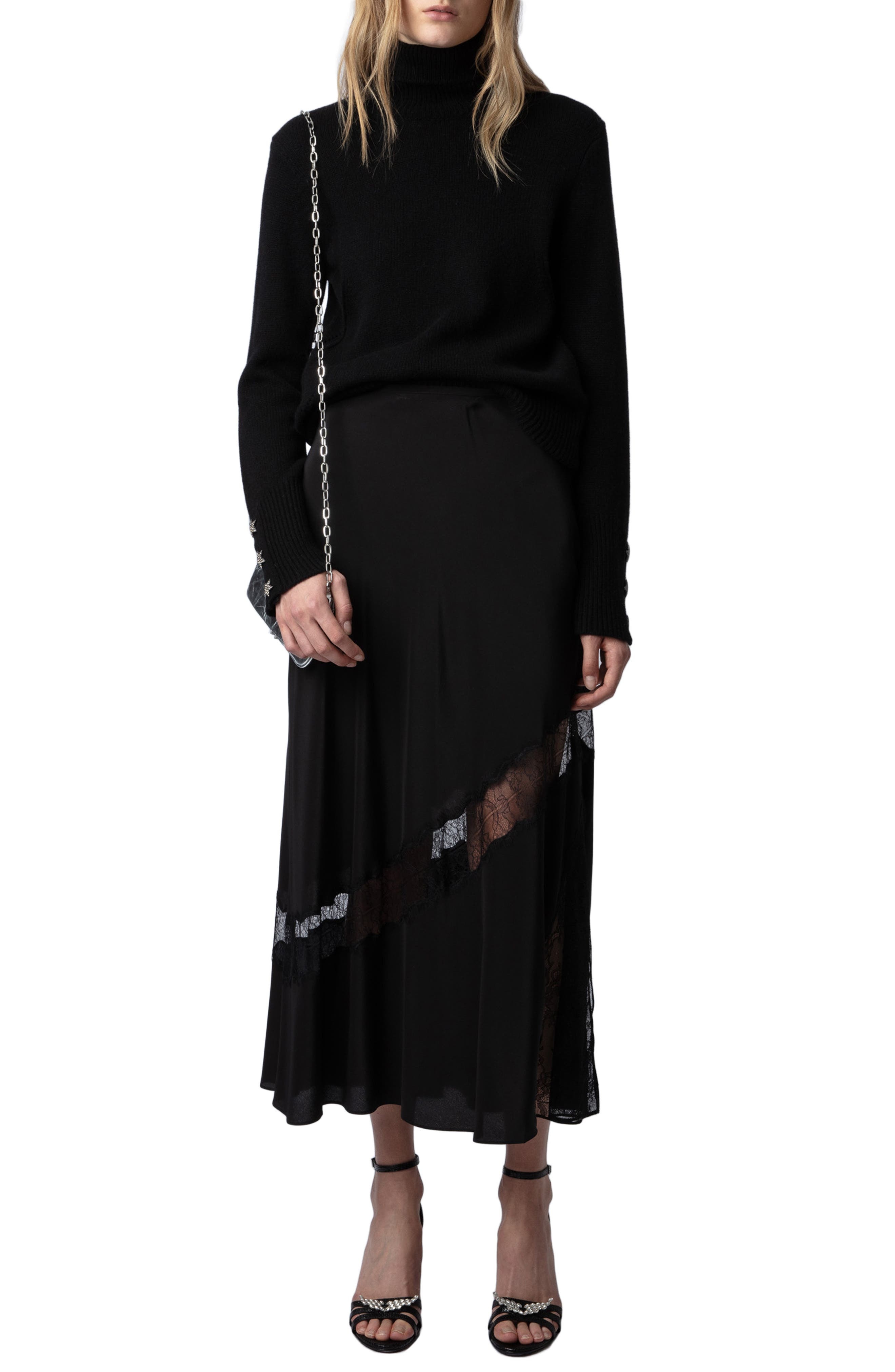 Zadig & Voltaire Jaylal Lace Trim Silk Maxi Skirt in Noir at Nordstrom - 5