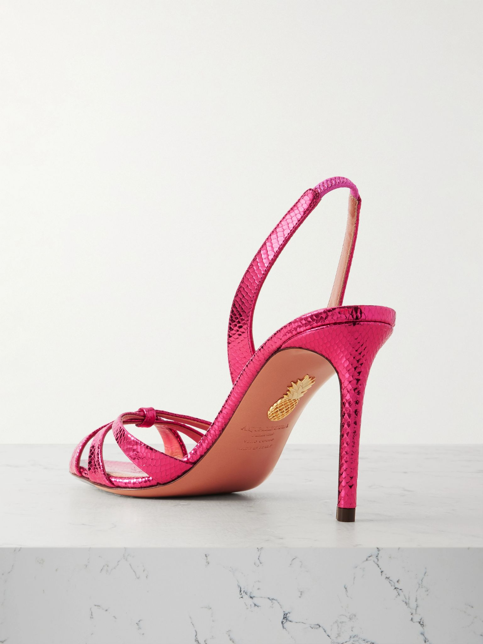 Tati 85 metallic snake-effect leather slingback sandals Bright pink - 3