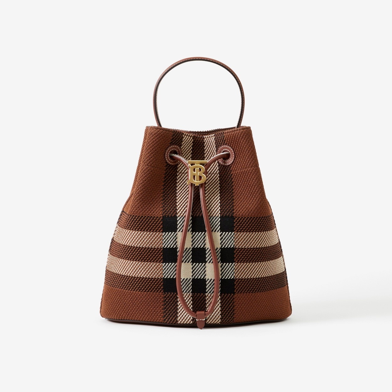 Small Knitted Check and Leather TB Bucket Bag - 1