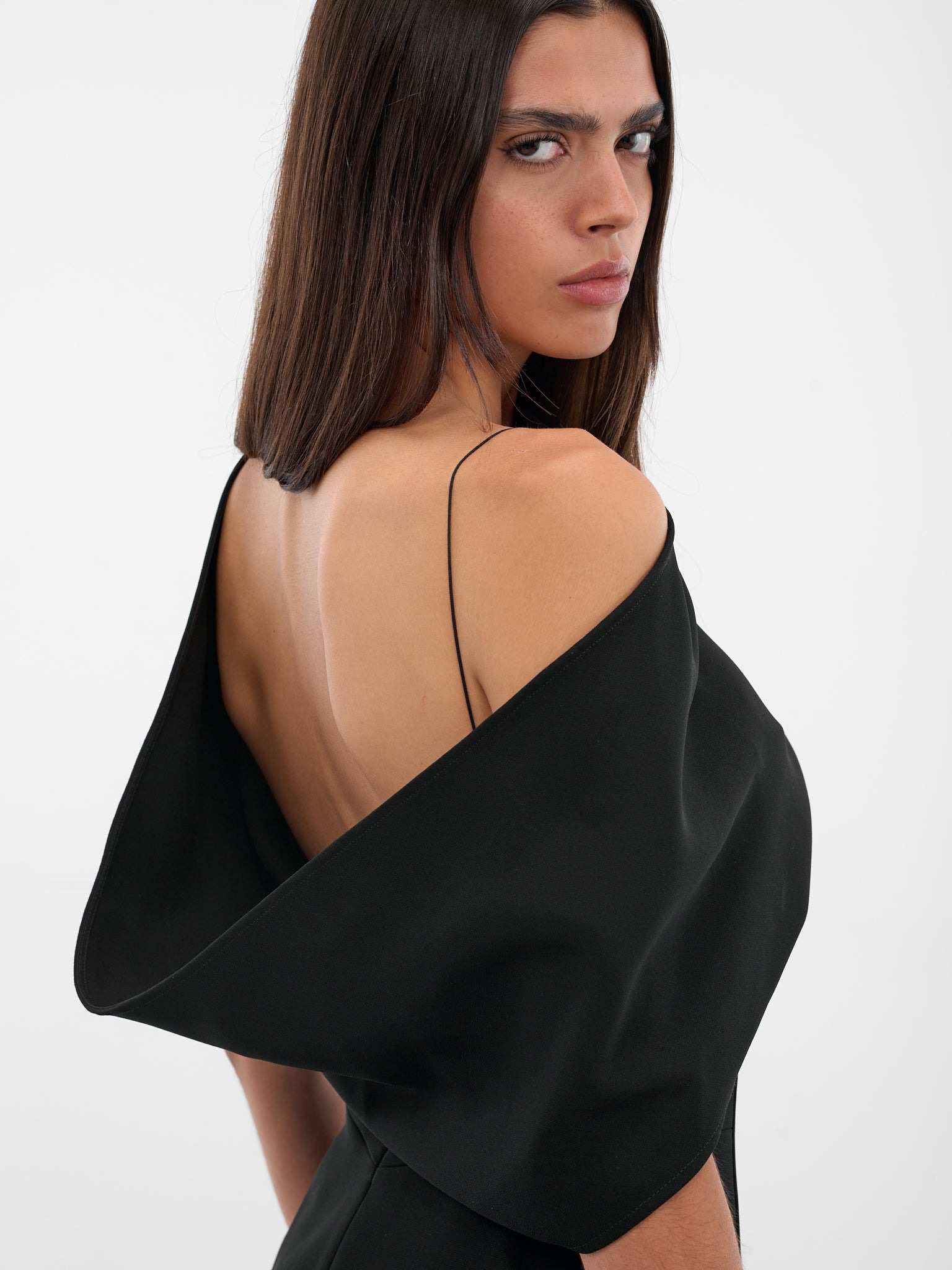 Black Draped Shoulder Mini Dress - 5