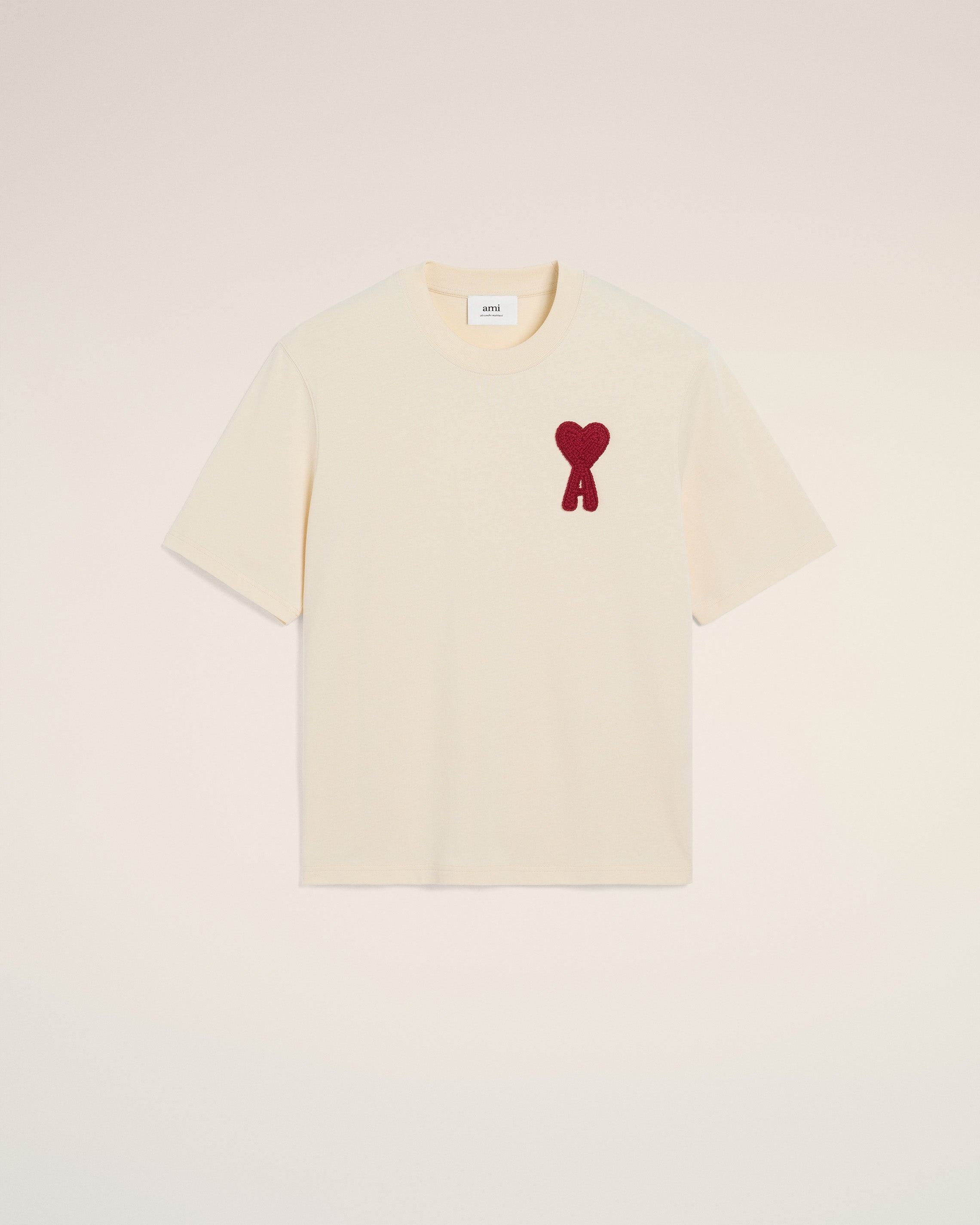 AMI Paris BEIGE COTTON AMI DE COEUR PATCH T-SHIRT | REVERSIBLE