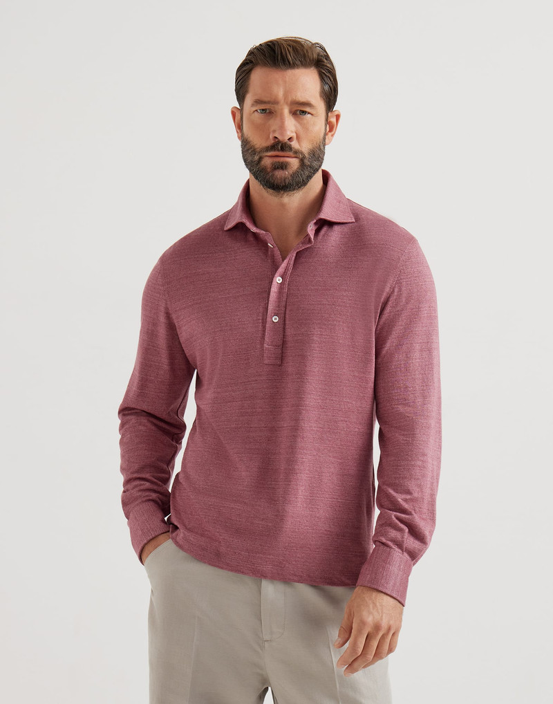 Linen and cotton mélange jersey long sleeve polo with shirt-style collar 2