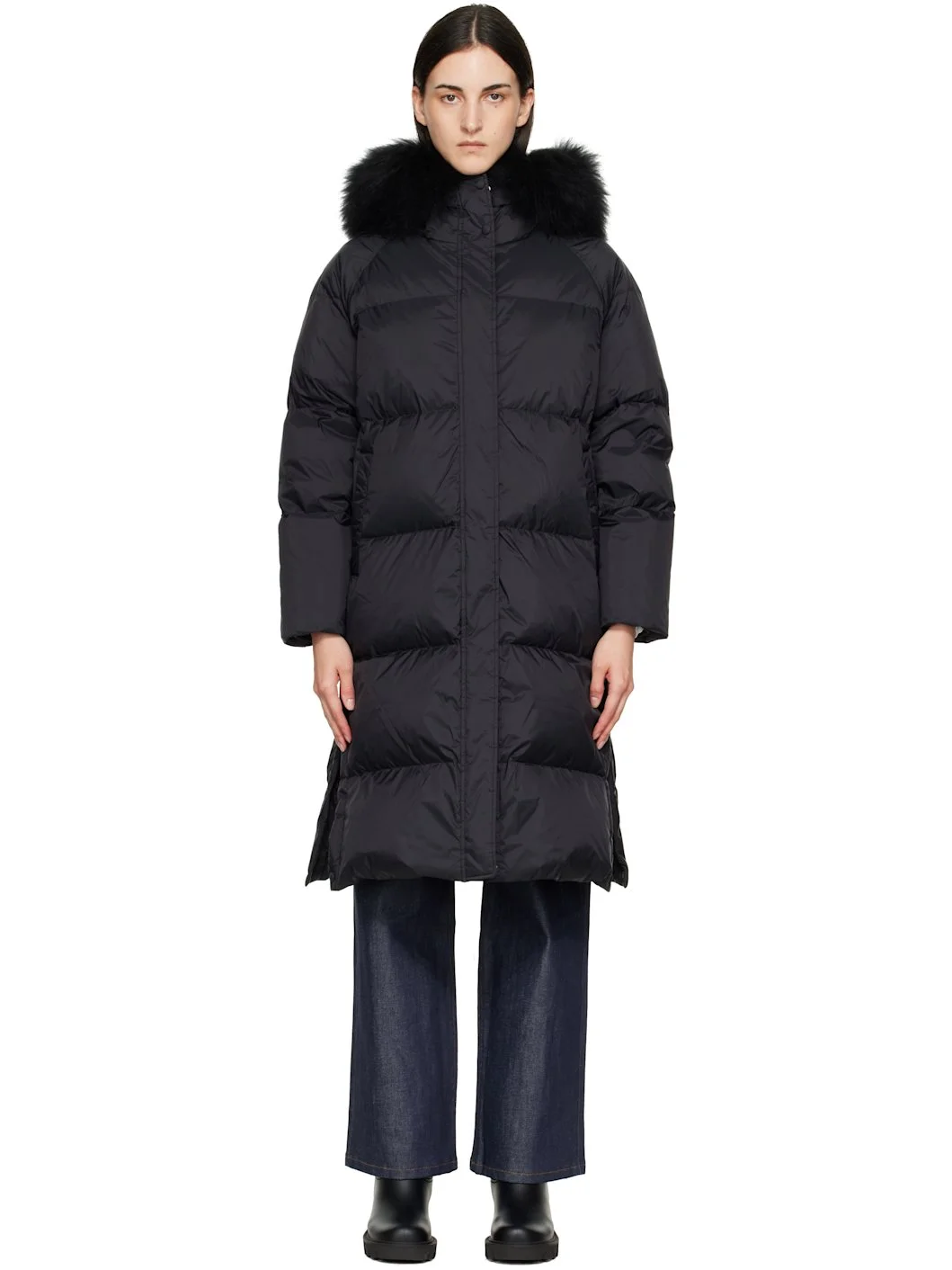 Black Waterproof Technical Lambswool Trim Long Down Jacket - 1