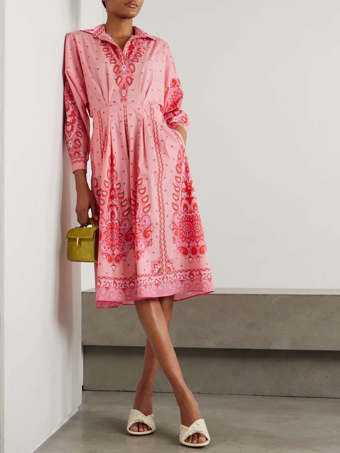 Pleated printed cotton-blend poplin midi shirt dress Pink - 2