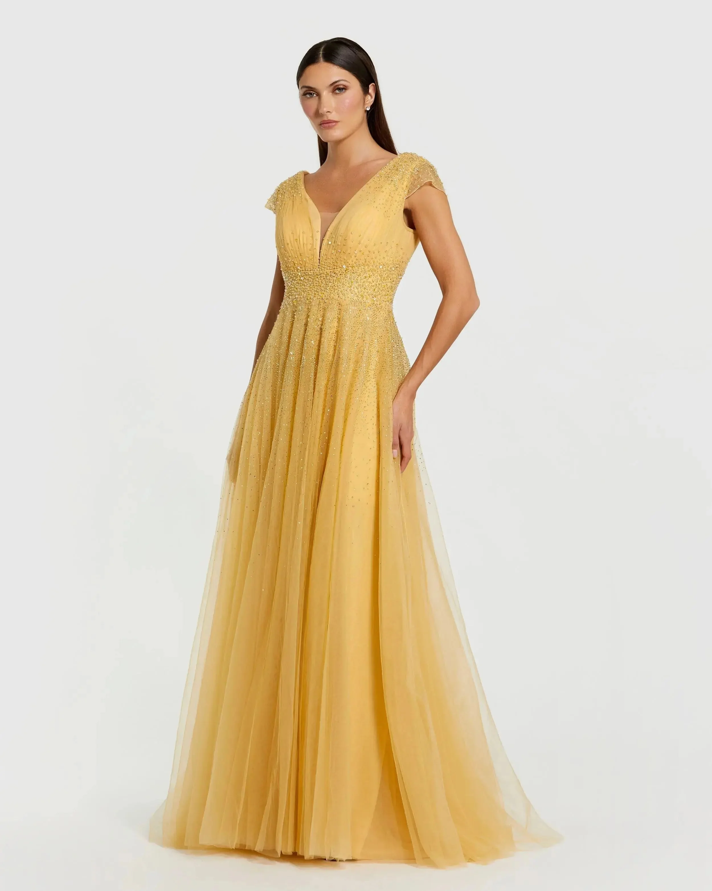 Yellow Embellished Cap Sleeve V Neck Tulle Gown - 1