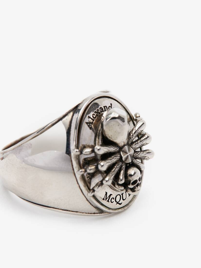 Men's Spider Skull Signet Ring in Antique Silver - 3