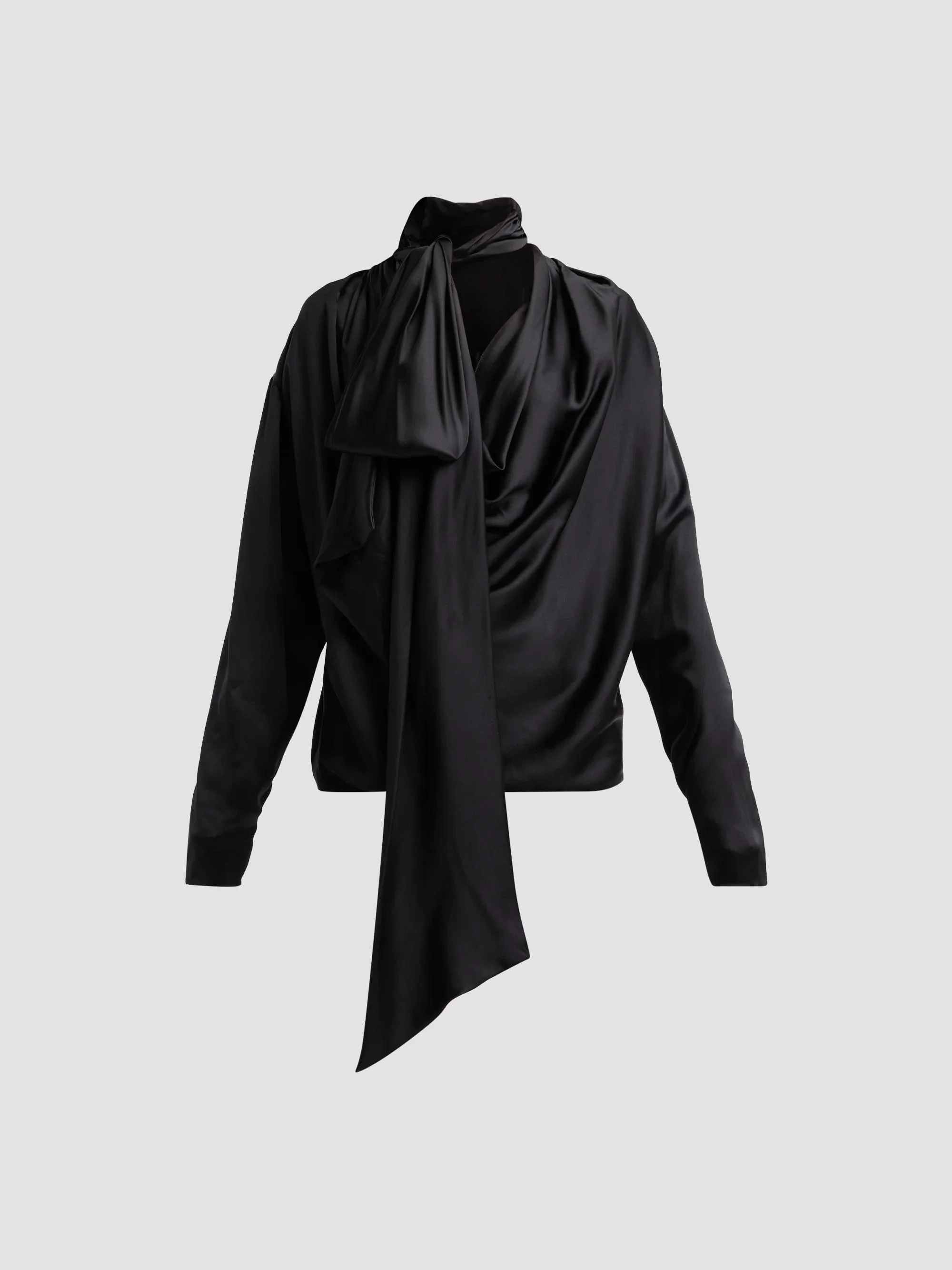 Women's Silk Satin Draped Blouse - Noir - 1