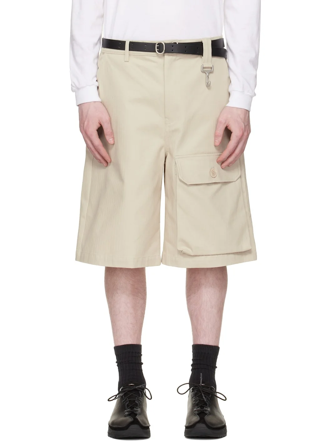 Beige Cotton Herringbone Patch Pocket Shorts - 1