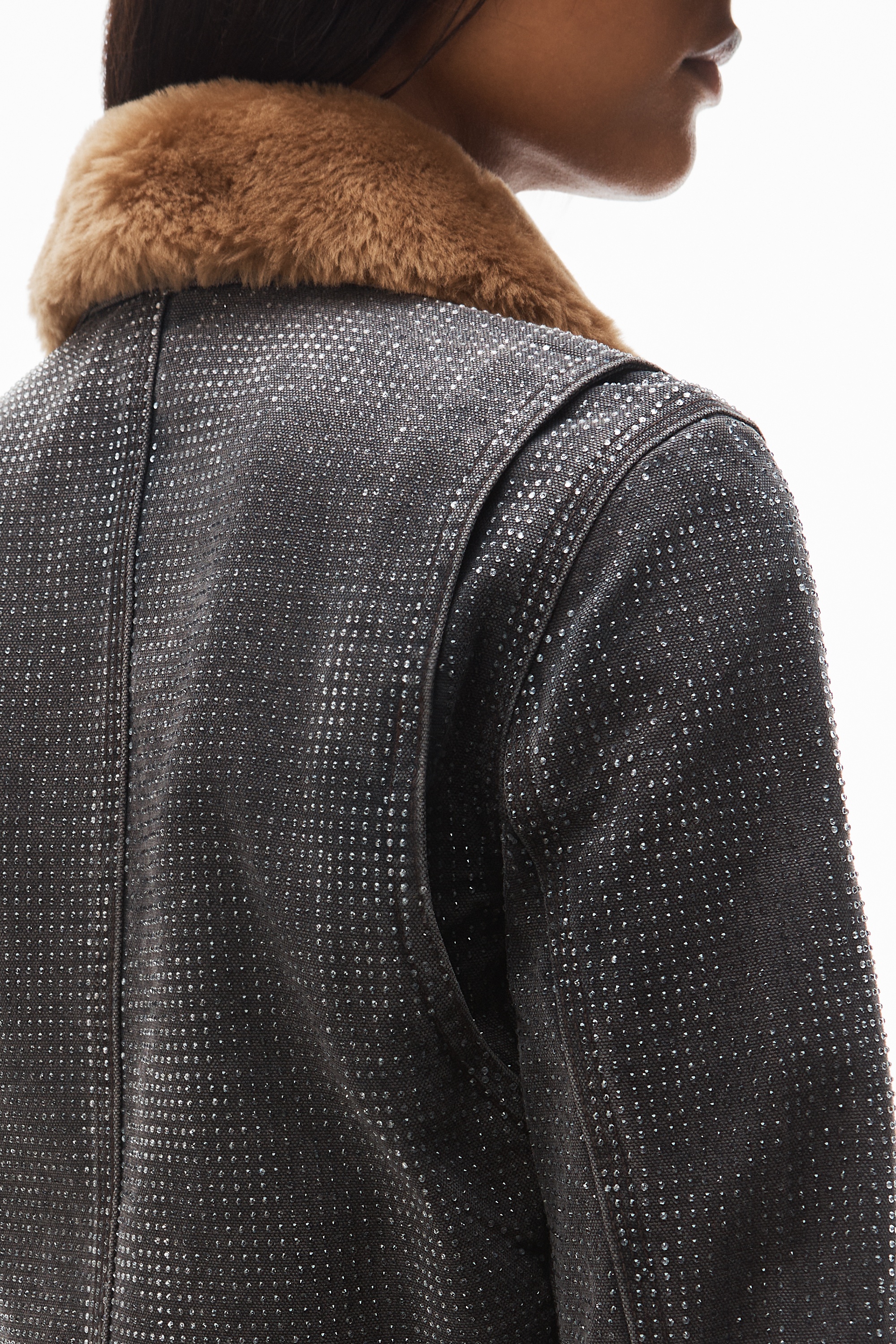 crystal hotfix shrunken workwear jacket in cotton - 7