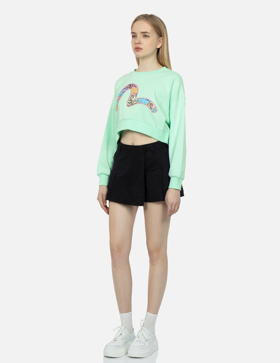 Graffiti Daruma-pattern Seagull Print Cropped Sweatshirt - 3