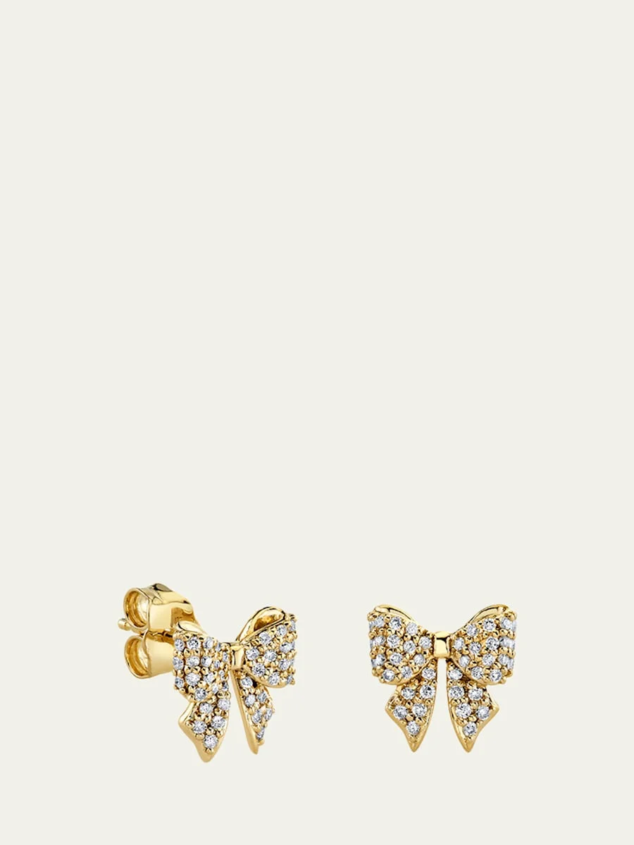 14K Yellow Gold Pave Diamond Bow Stud Earrings - 1