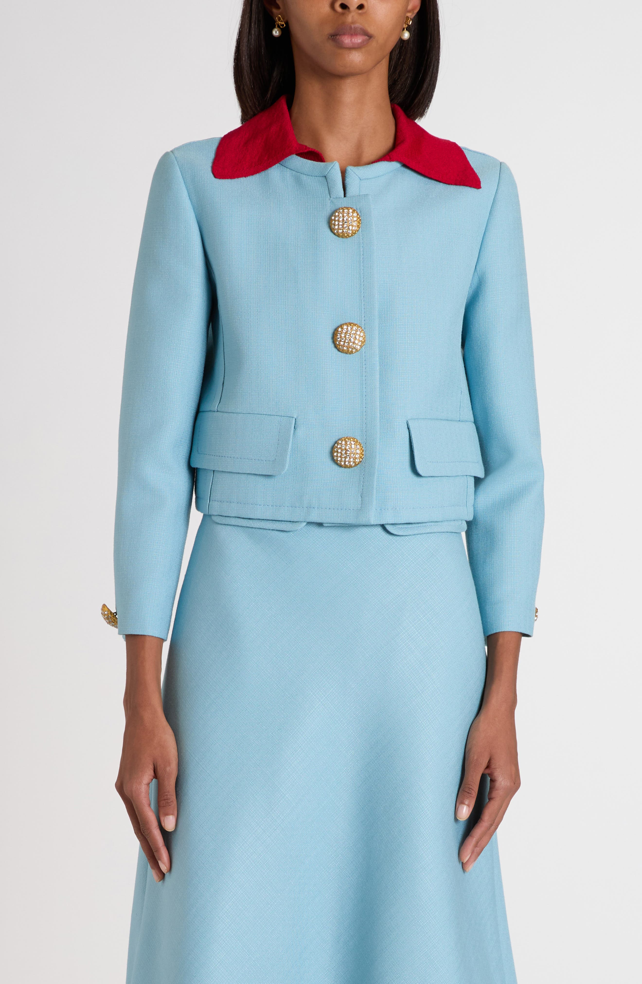 Valentino Garavani Crystal Button Crop Canvas Jacket in Grey/Blue at Nordstrom - 1