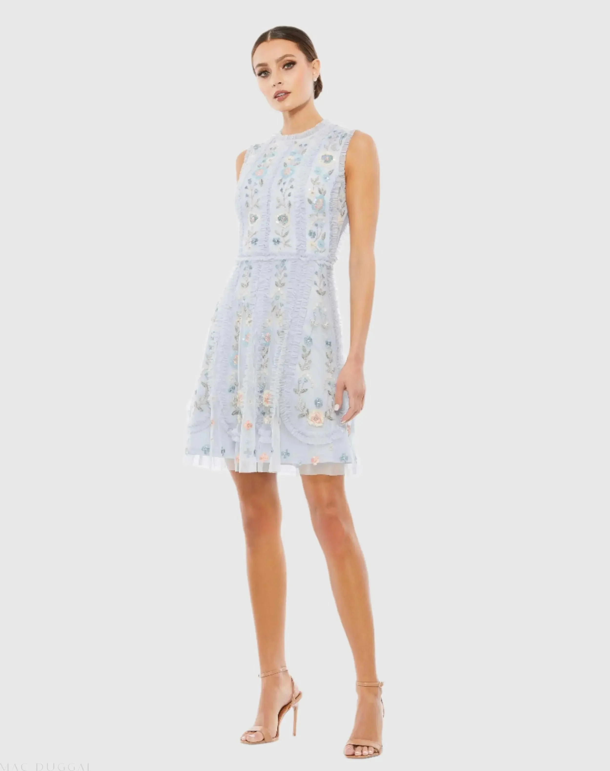 Blue Sleeveless High Neck Embroidered Mini Dress - 1