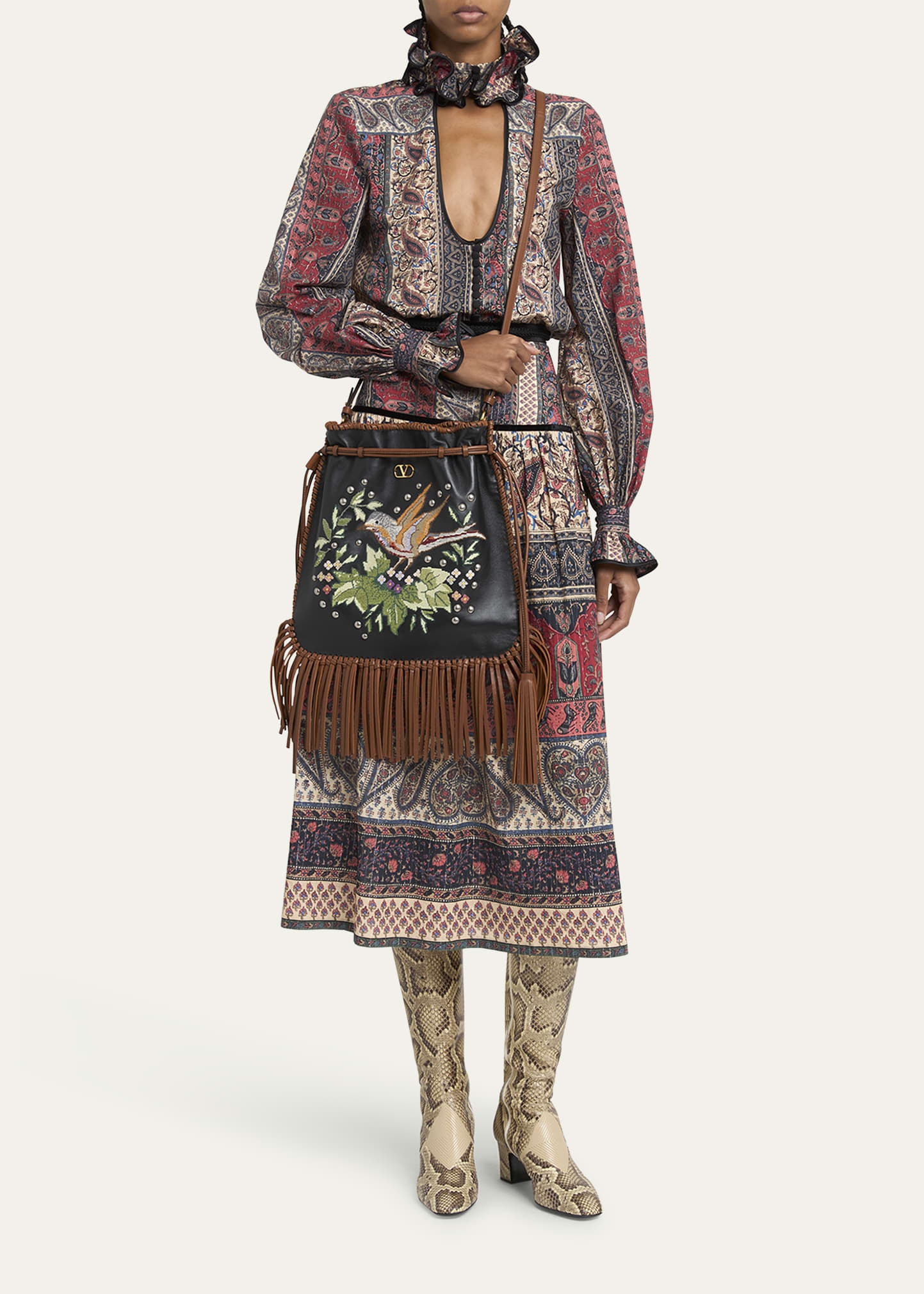 Nellcote Alice Large Fringe Studded Leather Bucket Bag - 5