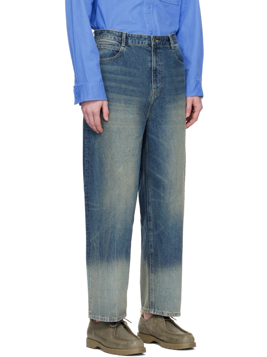 Indigo Rough Washed Wide Jeans - 2