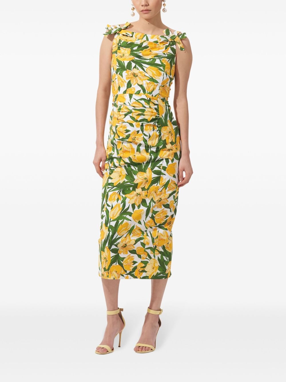 bow-detail tullip-print midi dress - 2