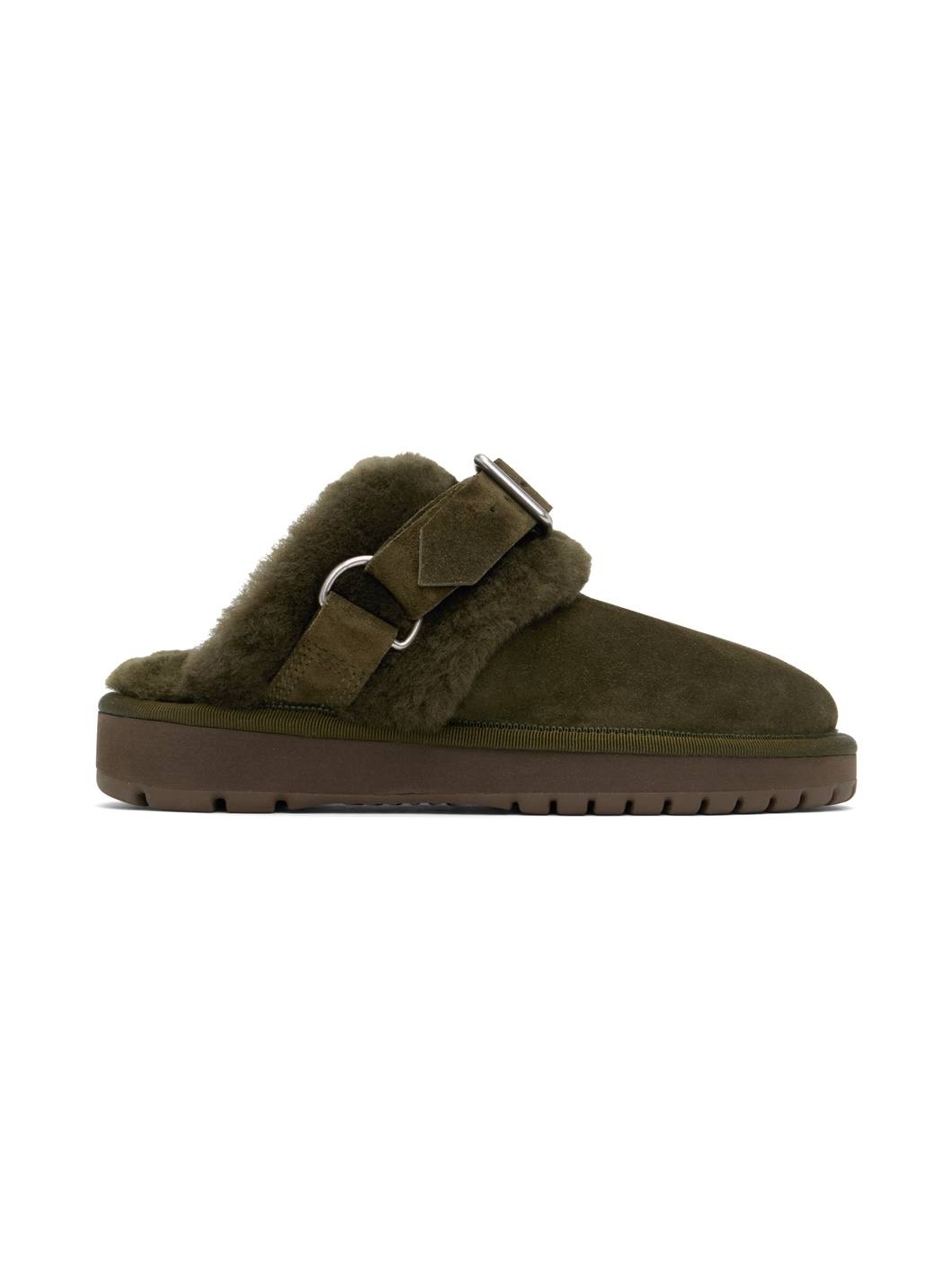 Green Suede & Shearling Chubby Slippers - 1