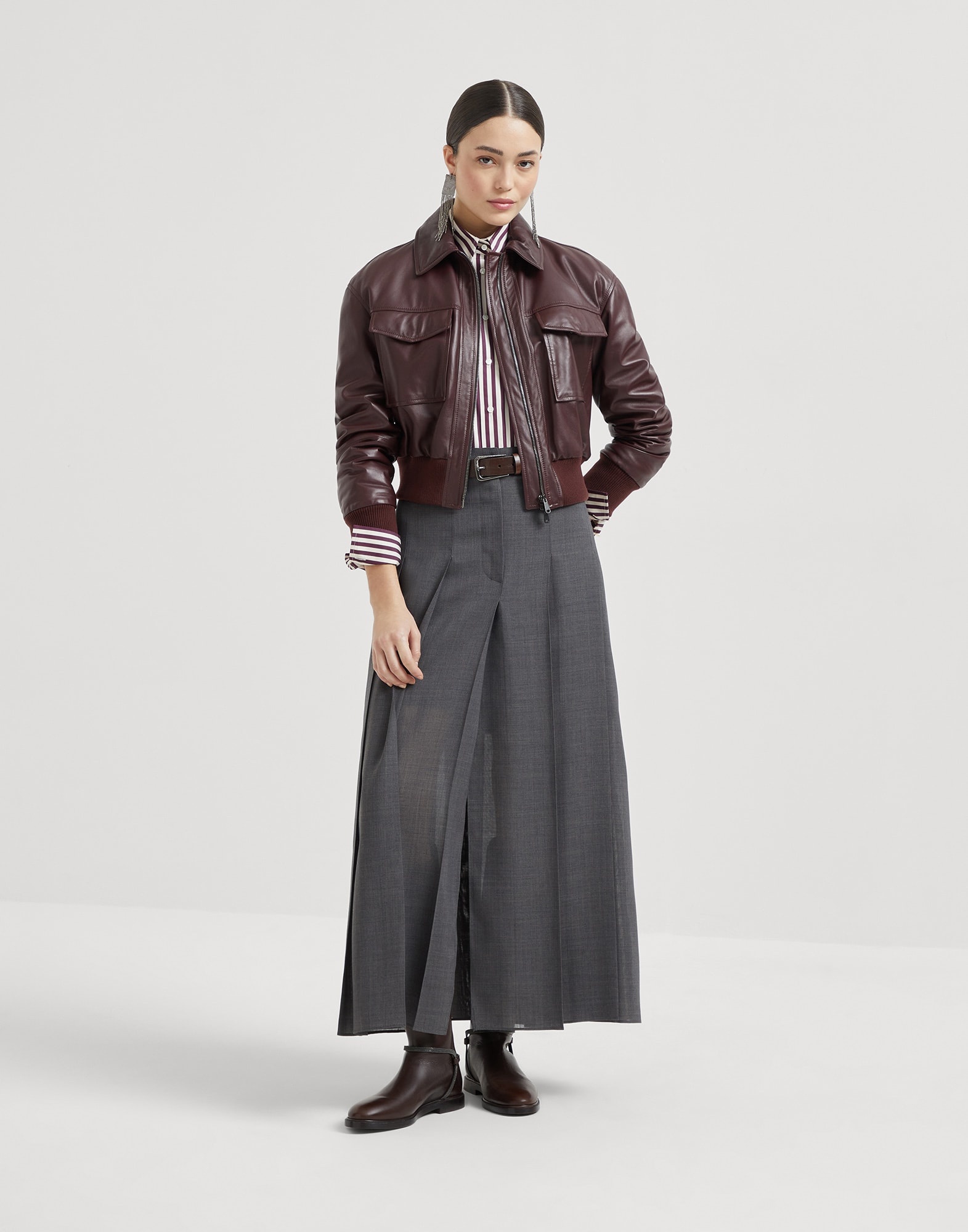 Techno virgin wool gauze long pleated skirt with monili - 4