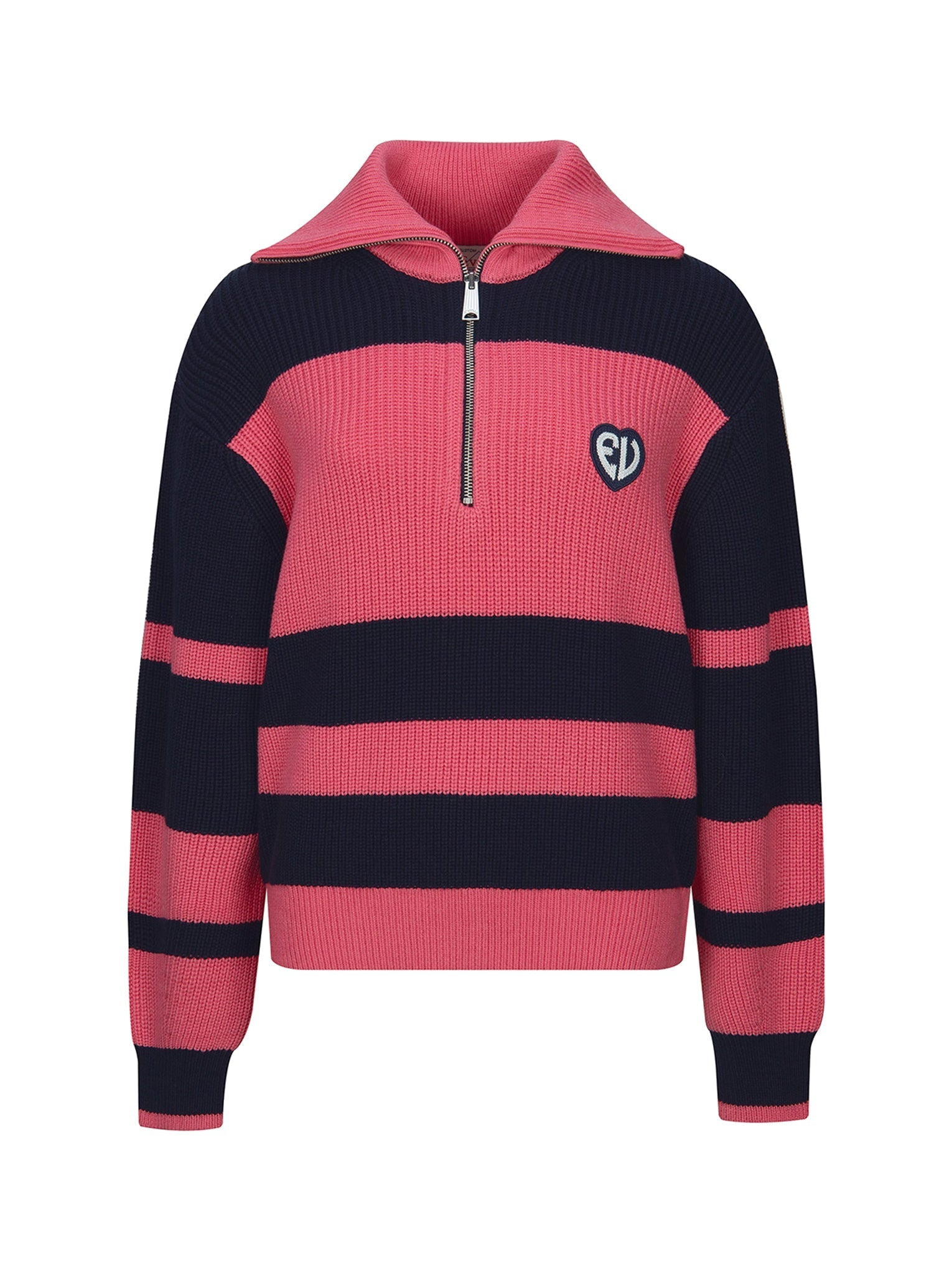 “EV” HEART BADGE STRIPED CROPPED HALF-ZIP SWEATER - 13