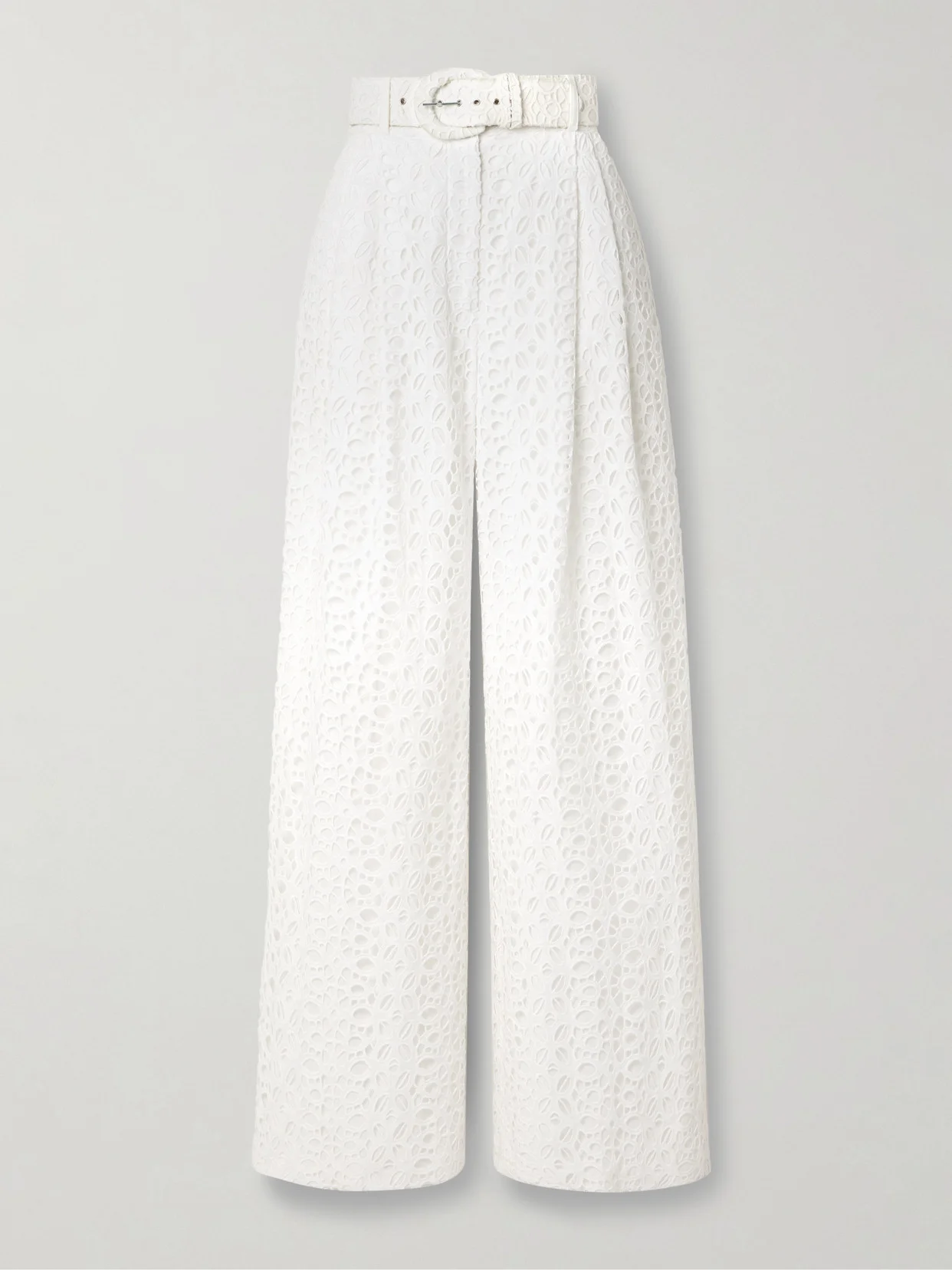Belted Pleated Broderie Anglaise Cotton Wide-leg Pants - 1