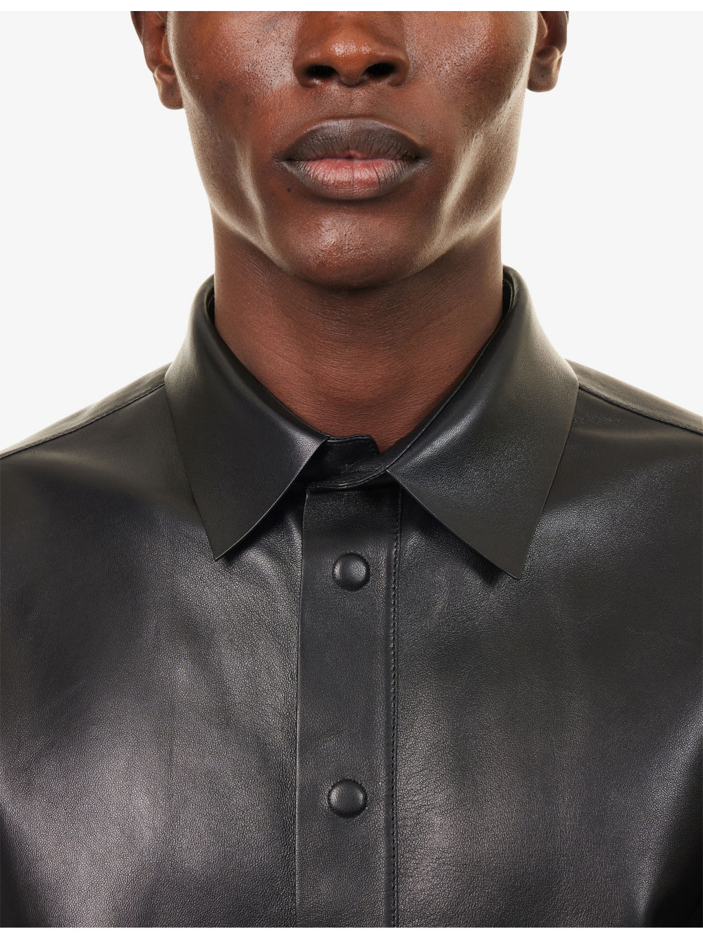 Curved-Hem Long-Sleeves Leather Shirt - 5