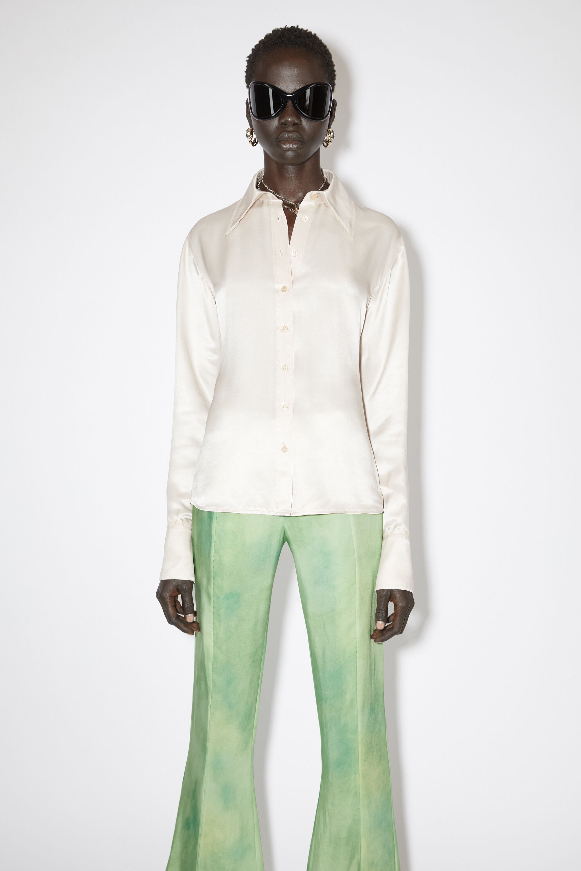 Silk blend button-up shirt - Pebble beige - 2
