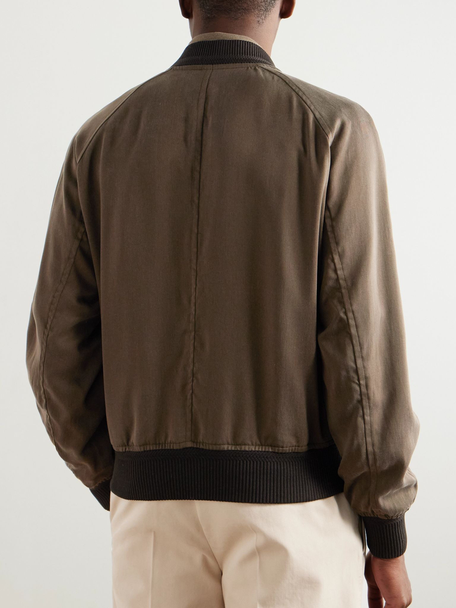 Leather-Trimmed Lyocell-Twill Bomber Jacket Brown - 4