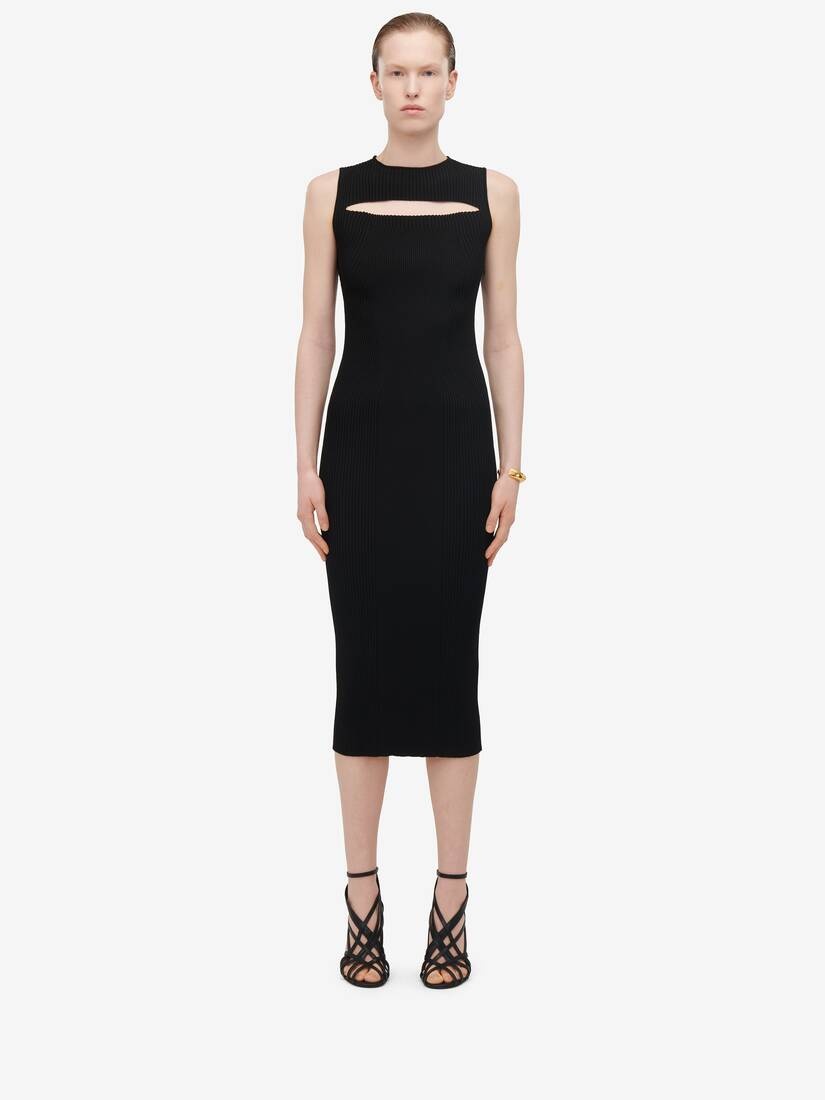 Women's Slashed Knit Midi Dress in Black - 3
